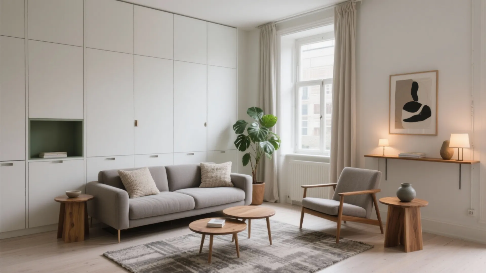 Minimalist living room featuring grey sofa white wall cabinets wooden coffee tables rug and plant
