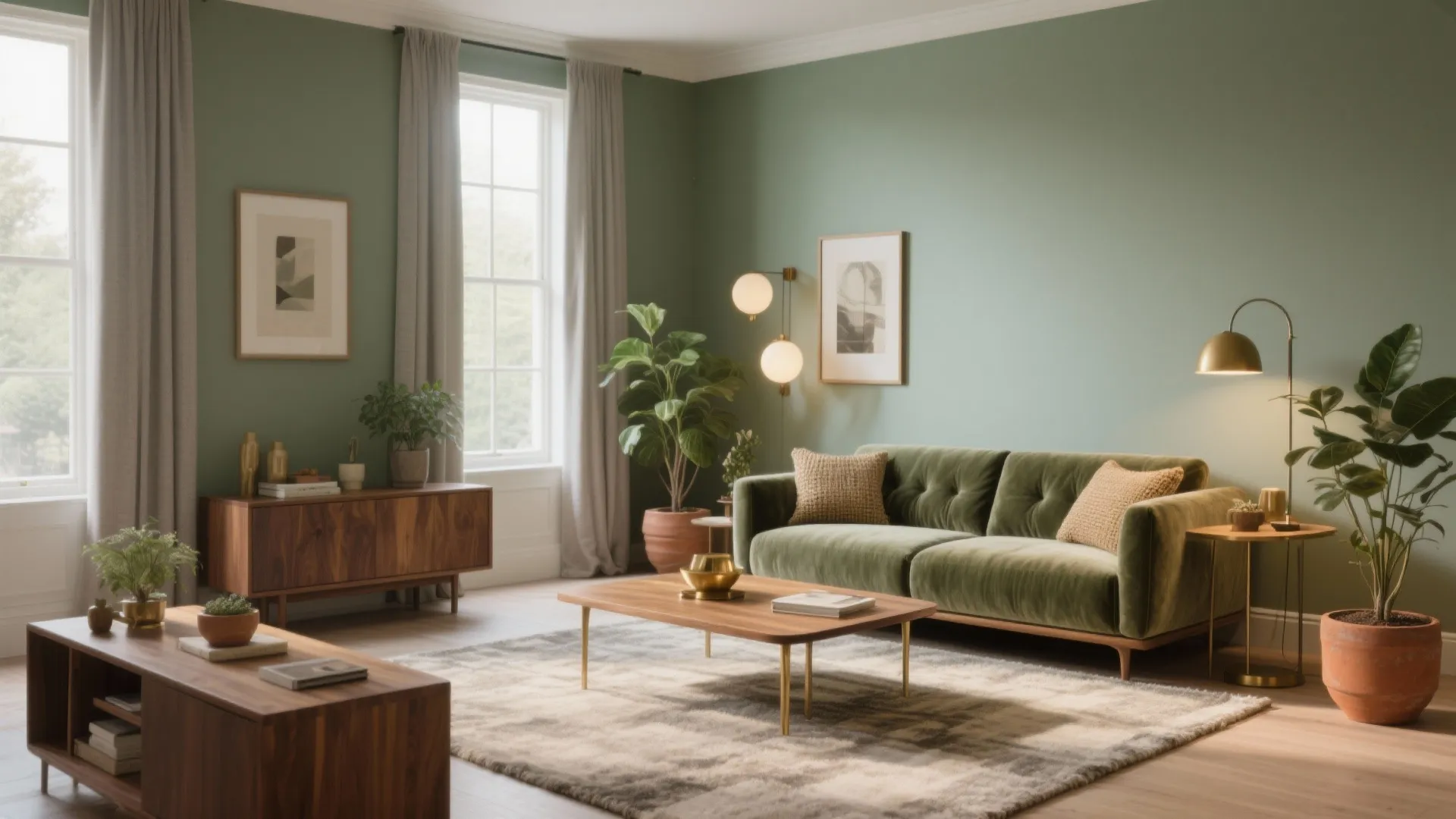 Modern green living room with velvet sofa wooden coffee table floor lamp plants and natural light