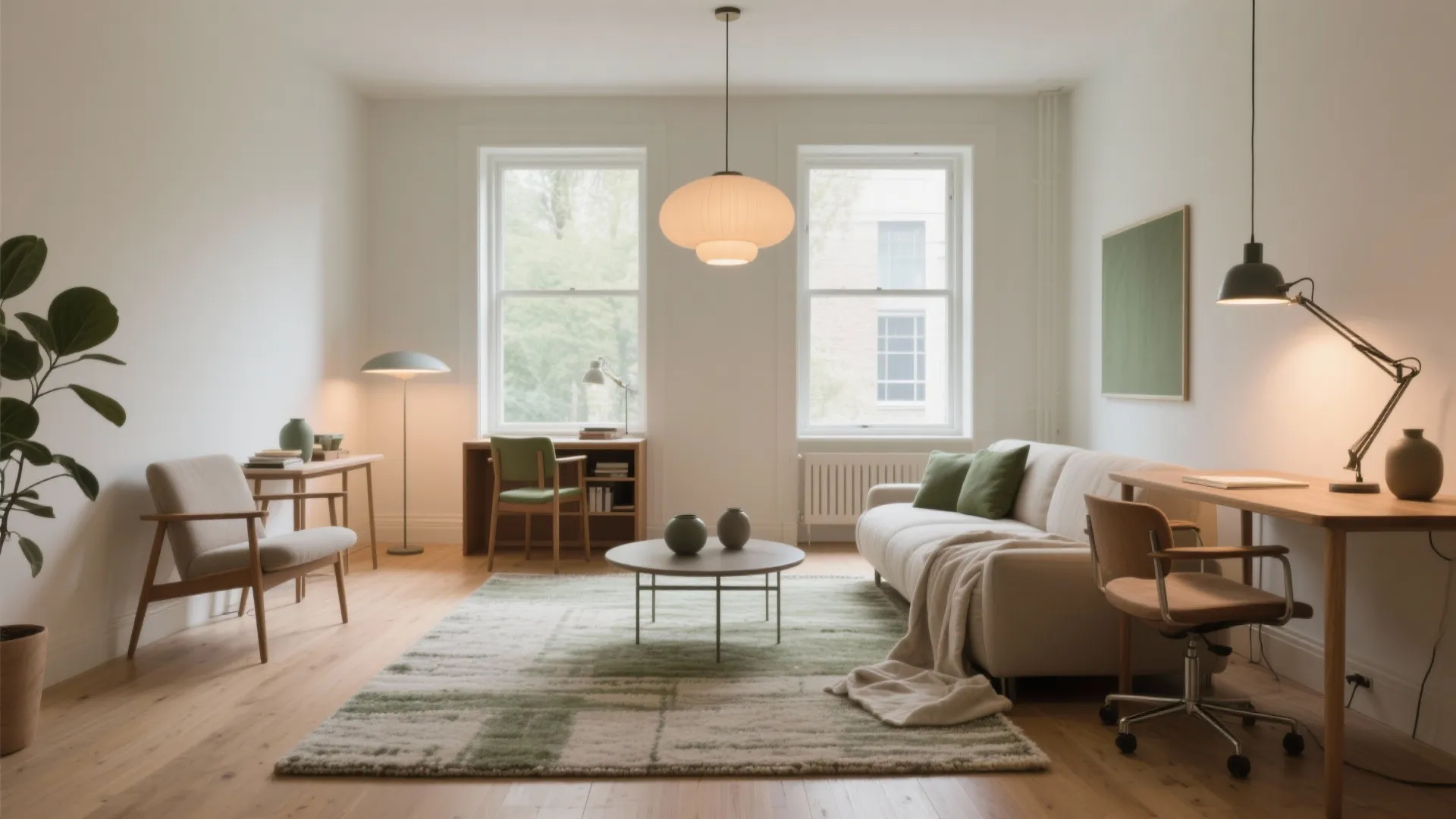 Minimalist living room with white sofa wooden floor green rug ceiling light and two desks