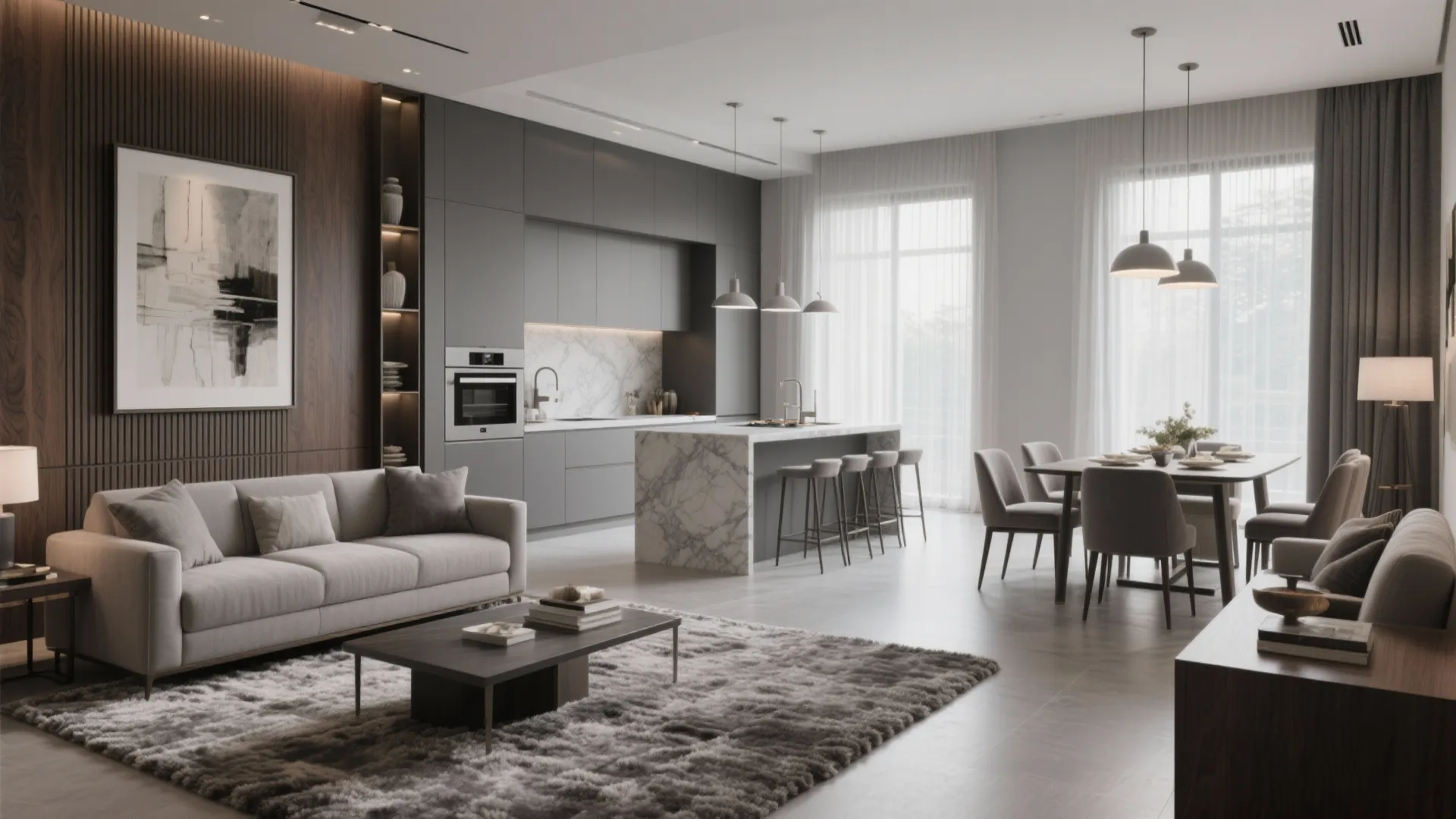 Open plan living room including grey sofa, marble kitchen island, dining table, and large windows