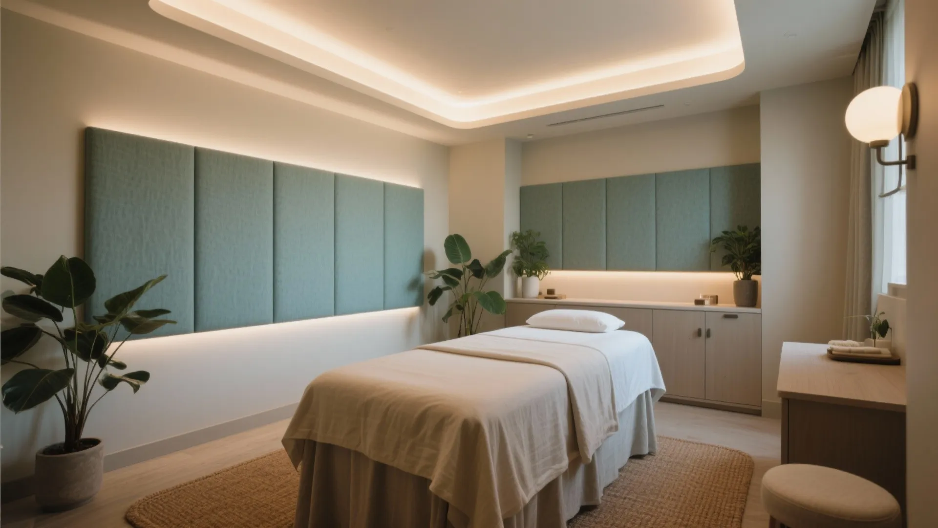 Modern massage room with white bed, green wall panel, indoor plants, and soft warm ceiling light