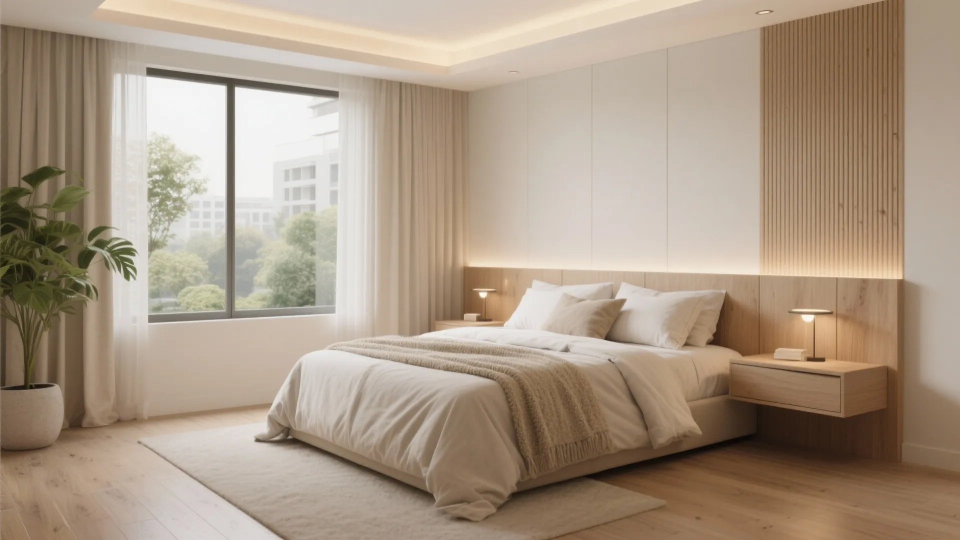 A Calm Master Suite with Warm Wood Accents