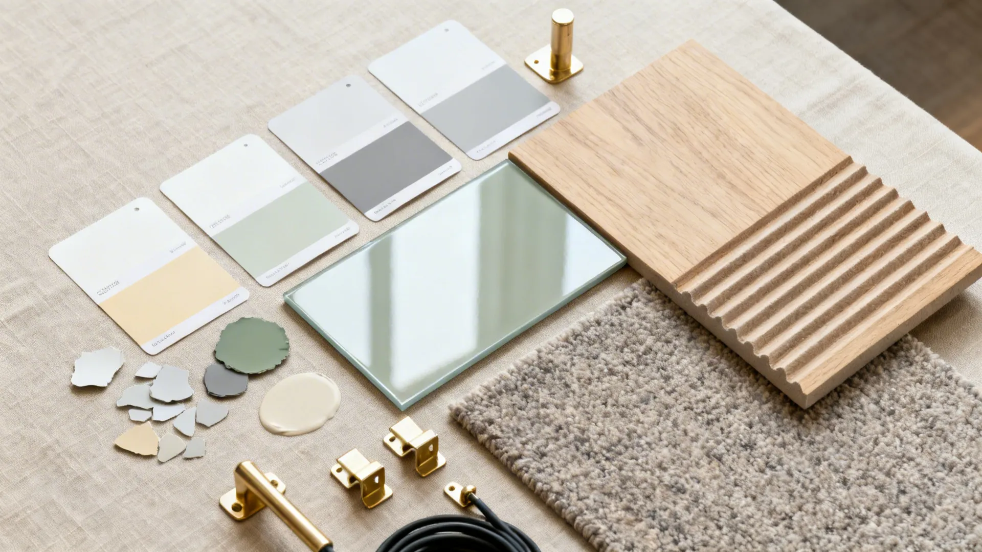 Interior design material board with wood panels carpet samples color swatches and gold metal hardware
