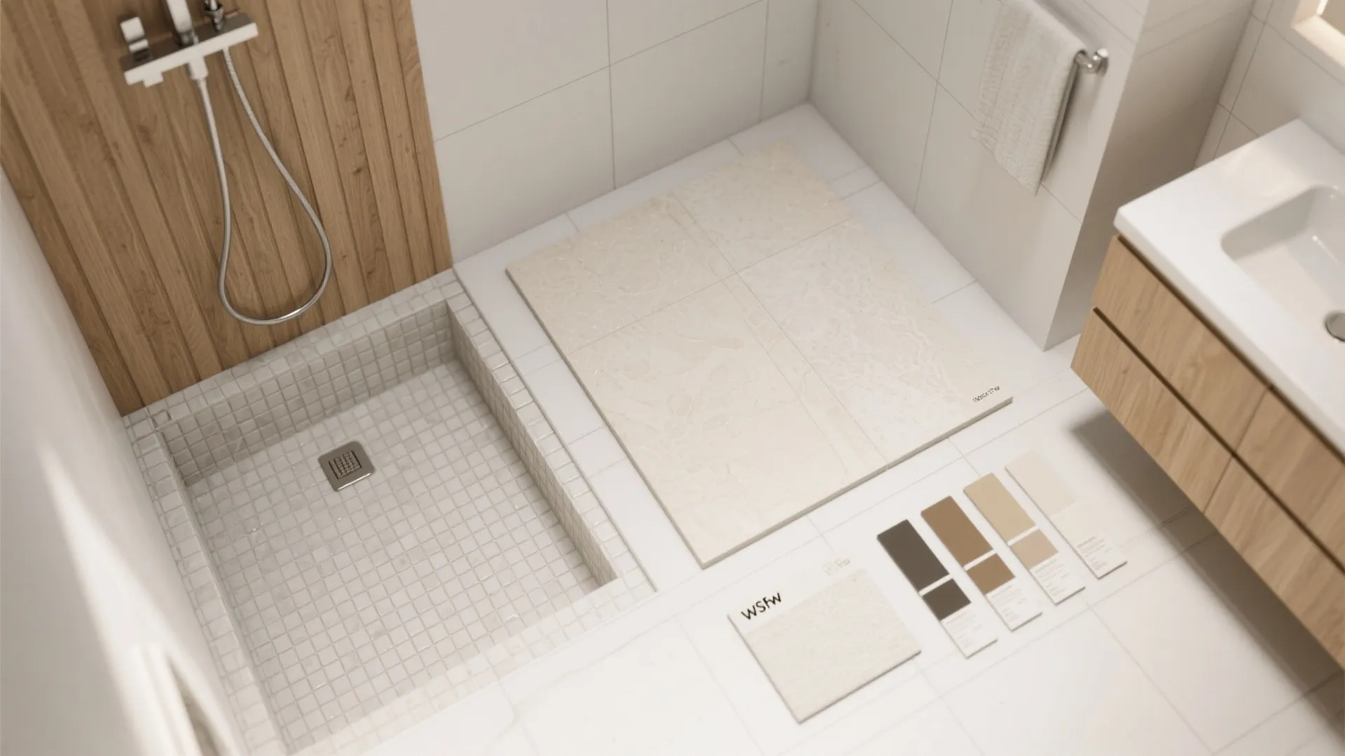Bathroom design materials showing tile samples, wood cabinet, shower head, and neutral color palette options