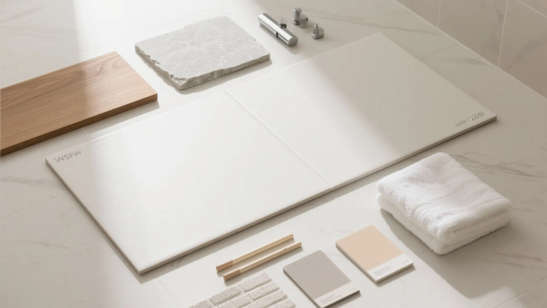 Interior design material board with wood samples stone tiles white panels color cards and soft towel