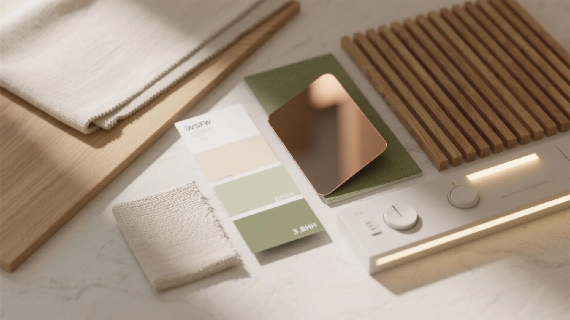 Flat lay of oak veneer, linen, warm white paint chips, sage accent, bronze mirror, and acoustic slat sample.