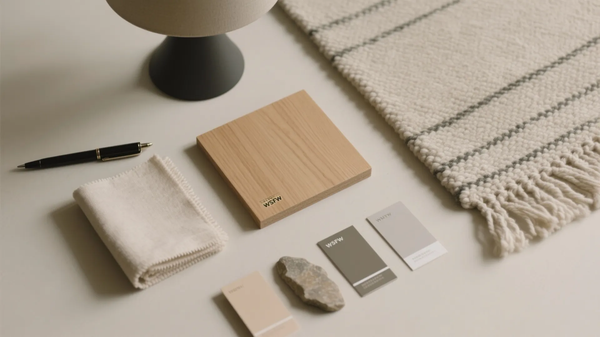Material board with wood sample fabric color cards pen stone and rug for interior design