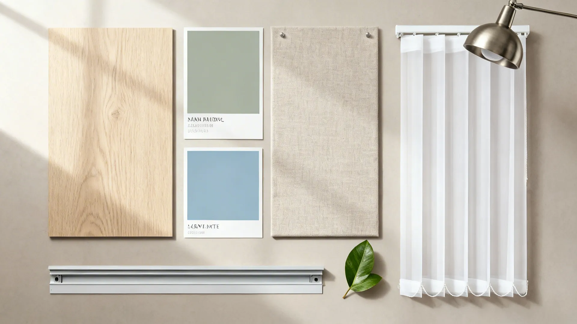 Flat lay of pale oak, dusty sage and misty blue paint, pinboard fabric, and sheer blind fabric.