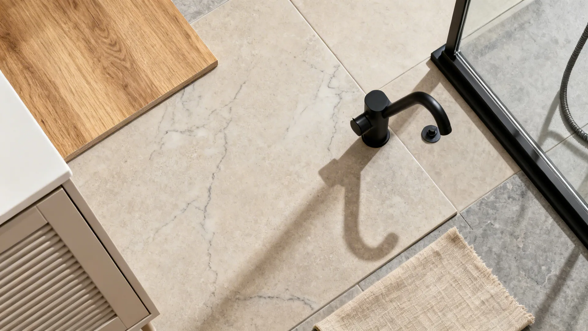 Calm materials: warm wood, soft stone, and matte fixtures