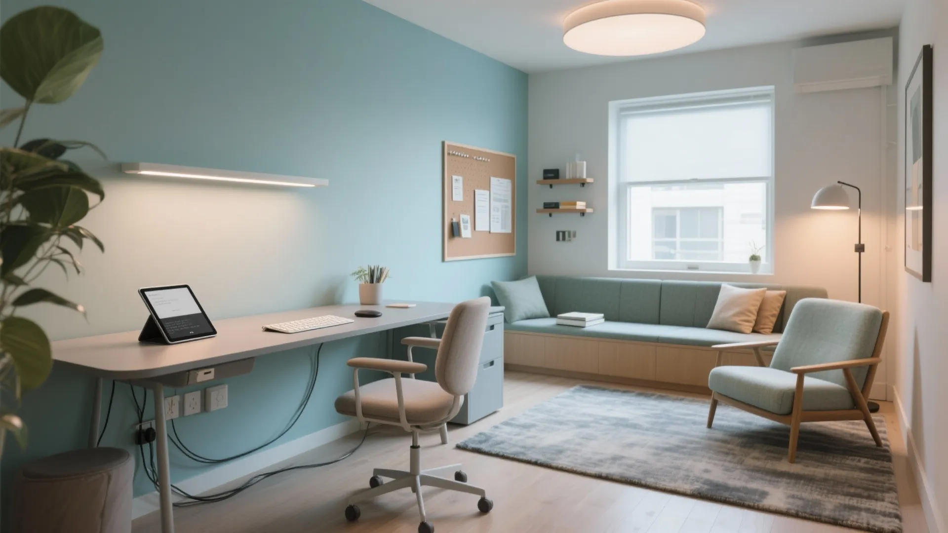 Modern home office featuring blue walls, long desk, white chair, green window sofa, and rug