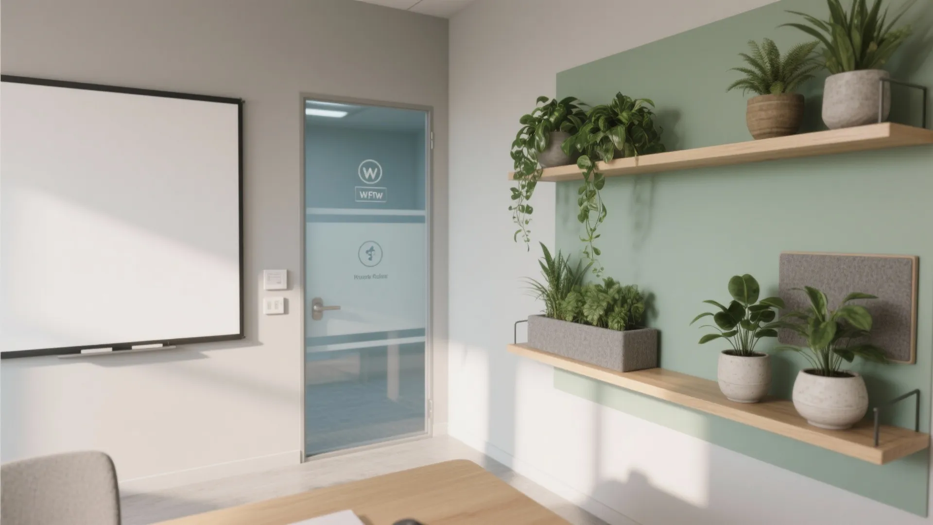Bright office interior featuring white board glass door and wooden shelves with various green potted plants
