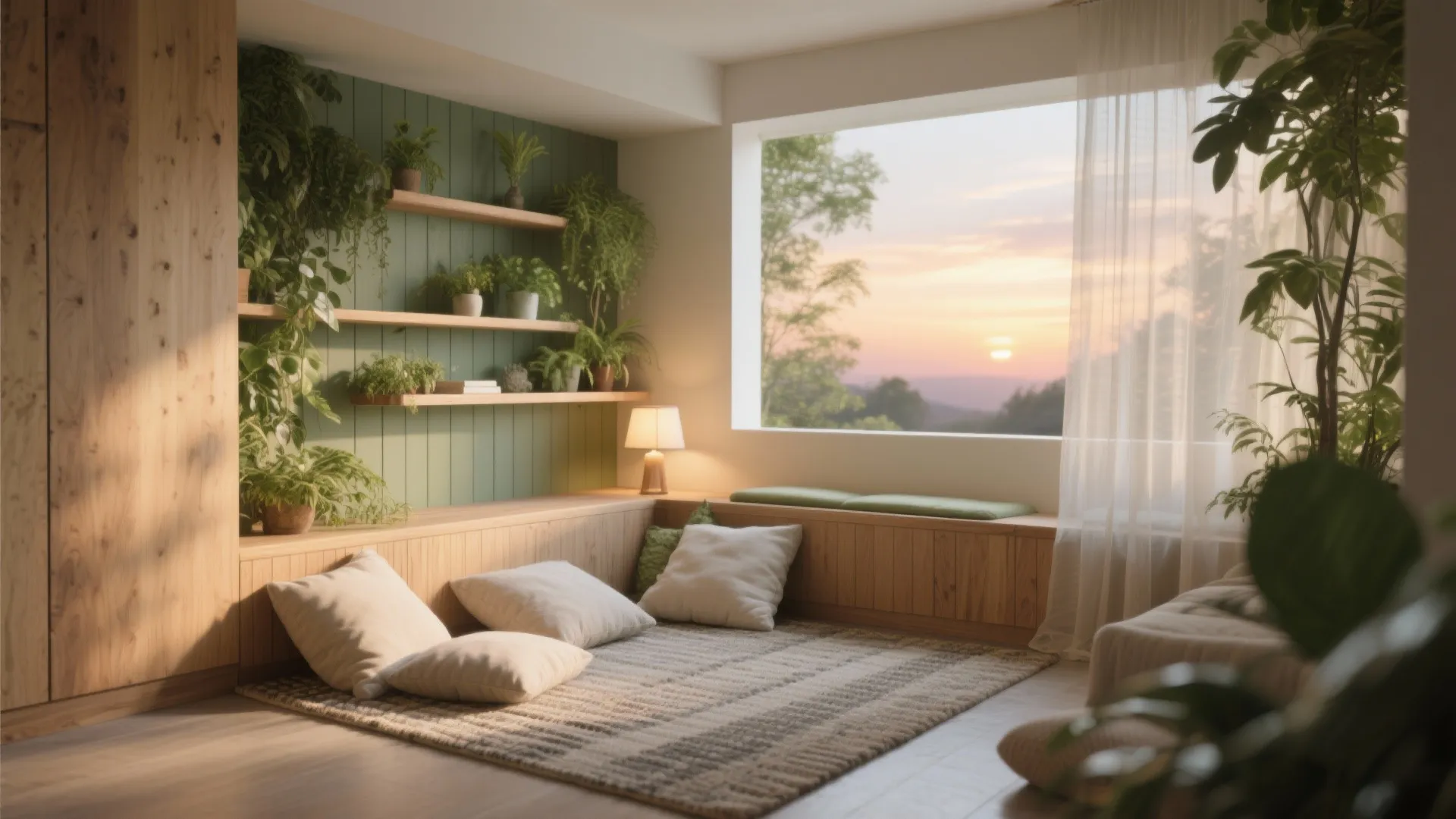 Cozy room corner with wooden floor pillows green wall plants and sunset view through large window