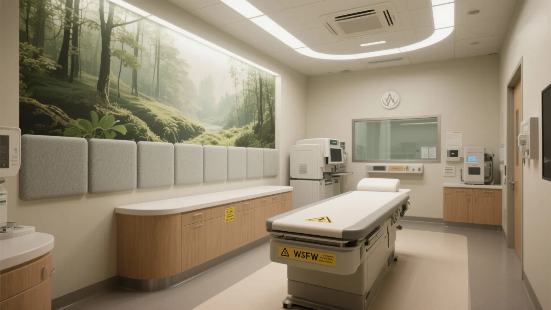 Medical room design with forest wall art examination bed wood cabinets white walls and bright lights