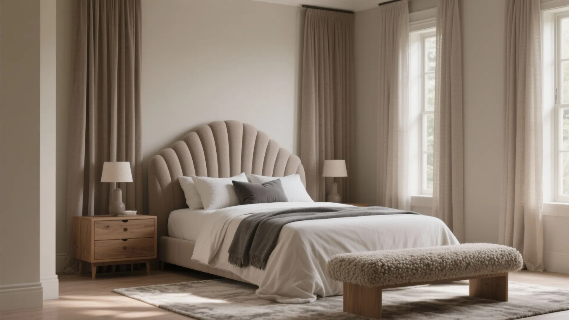 Neutral bedroom with shell shaped headboard wooden nightstand grey blanket and a soft wool footrest