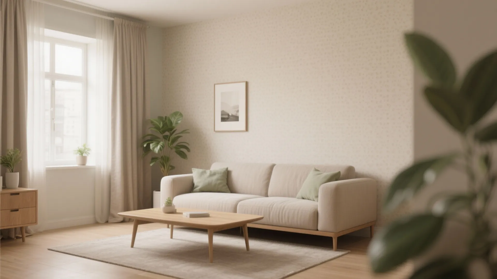 Minimalist living room with beige sofa green pillows wooden coffee table and soft natural window light