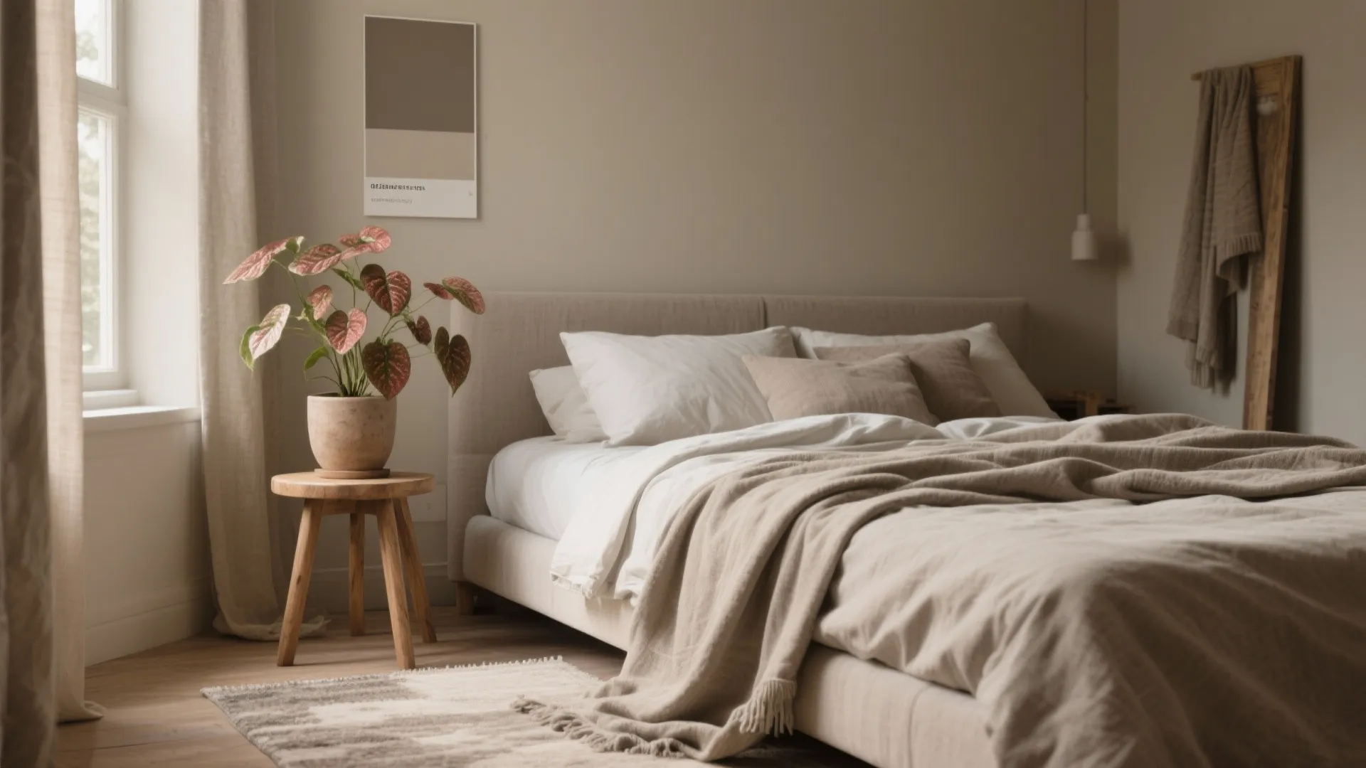 Minimalist beige bedroom featuring a wooden stool plant neutral bedding and a simple wall art poster