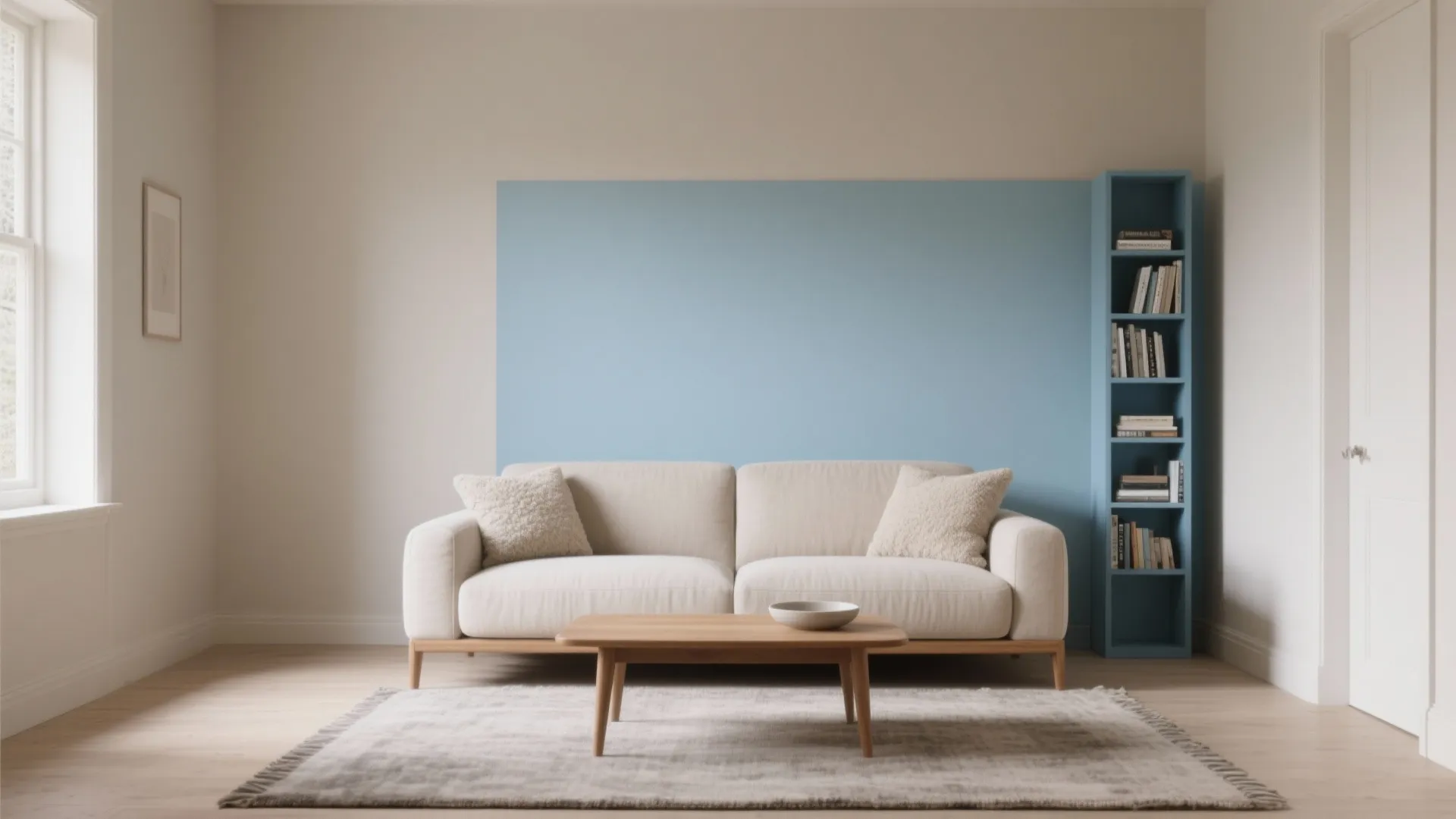 Living room with blue wall section white sofa wooden coffee table blue bookshelf and rug
