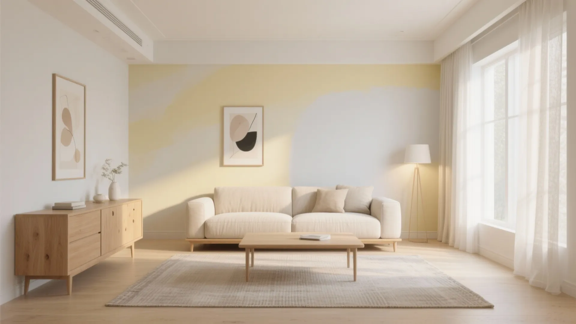 Minimalist living room with beige sofa, wooden coffee table, cabinet, floor lamp, and natural sunlight