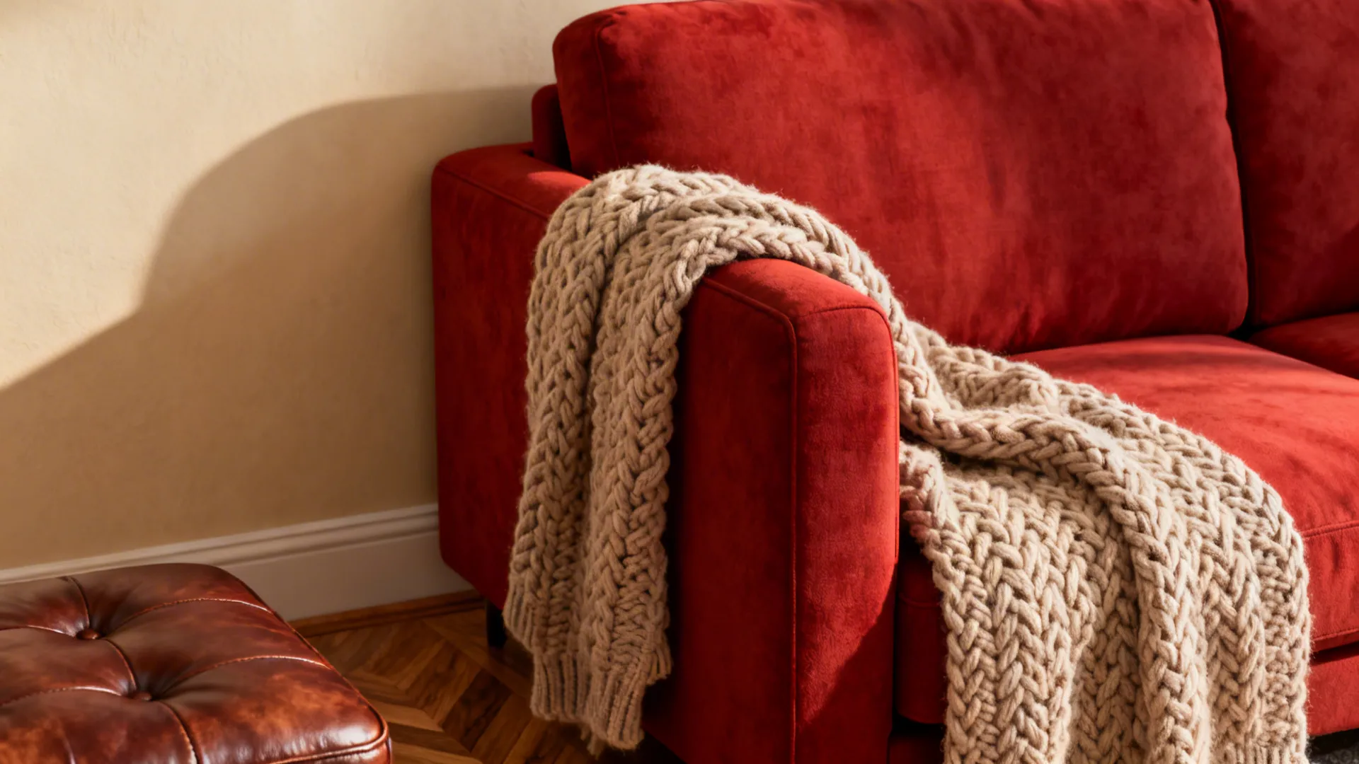 Close-up of a red sofa with a chunky knit throw and leather ottoman in a warm neutral room.