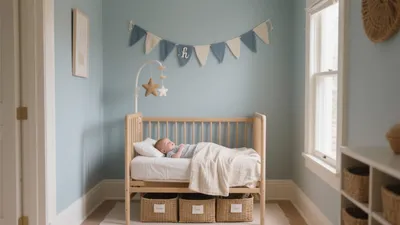 Calm Blue Nursery with Natural Wood and Woven Storage