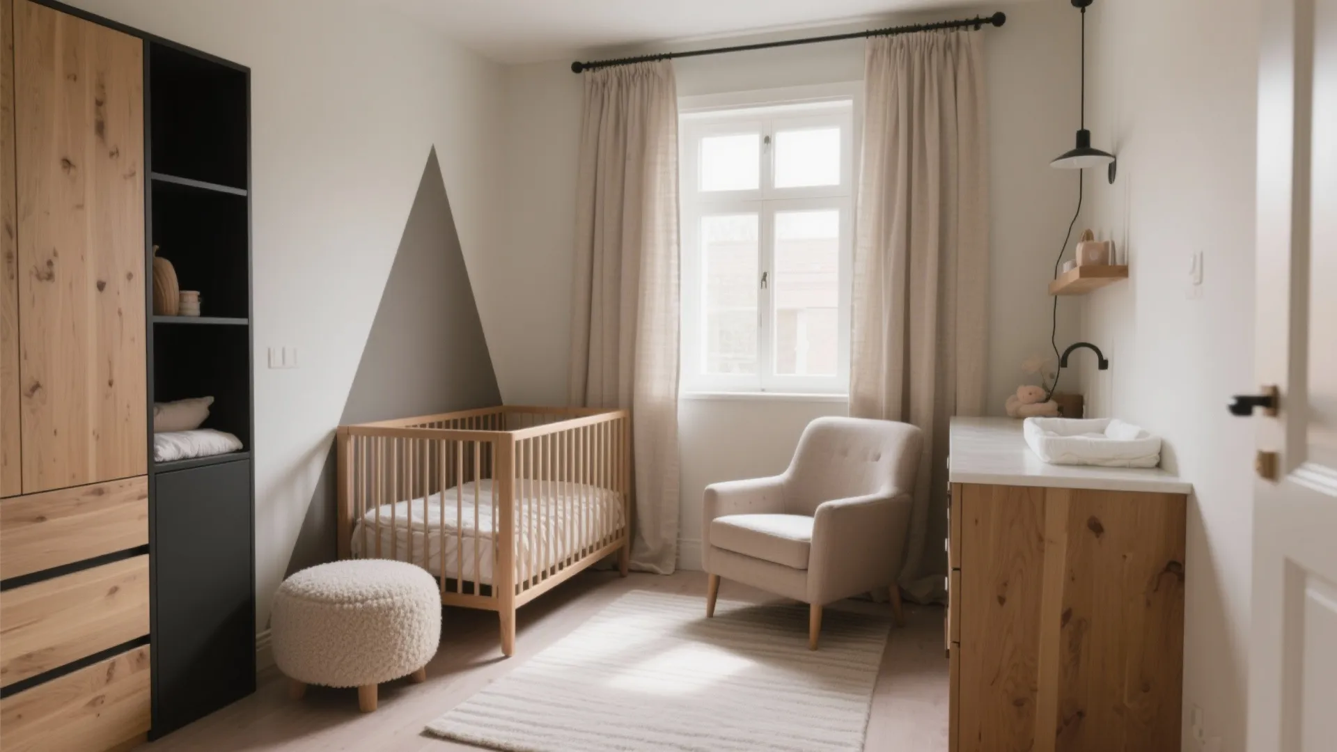 Modern nursery room with wooden crib beige chair white curtains large window and a footrest