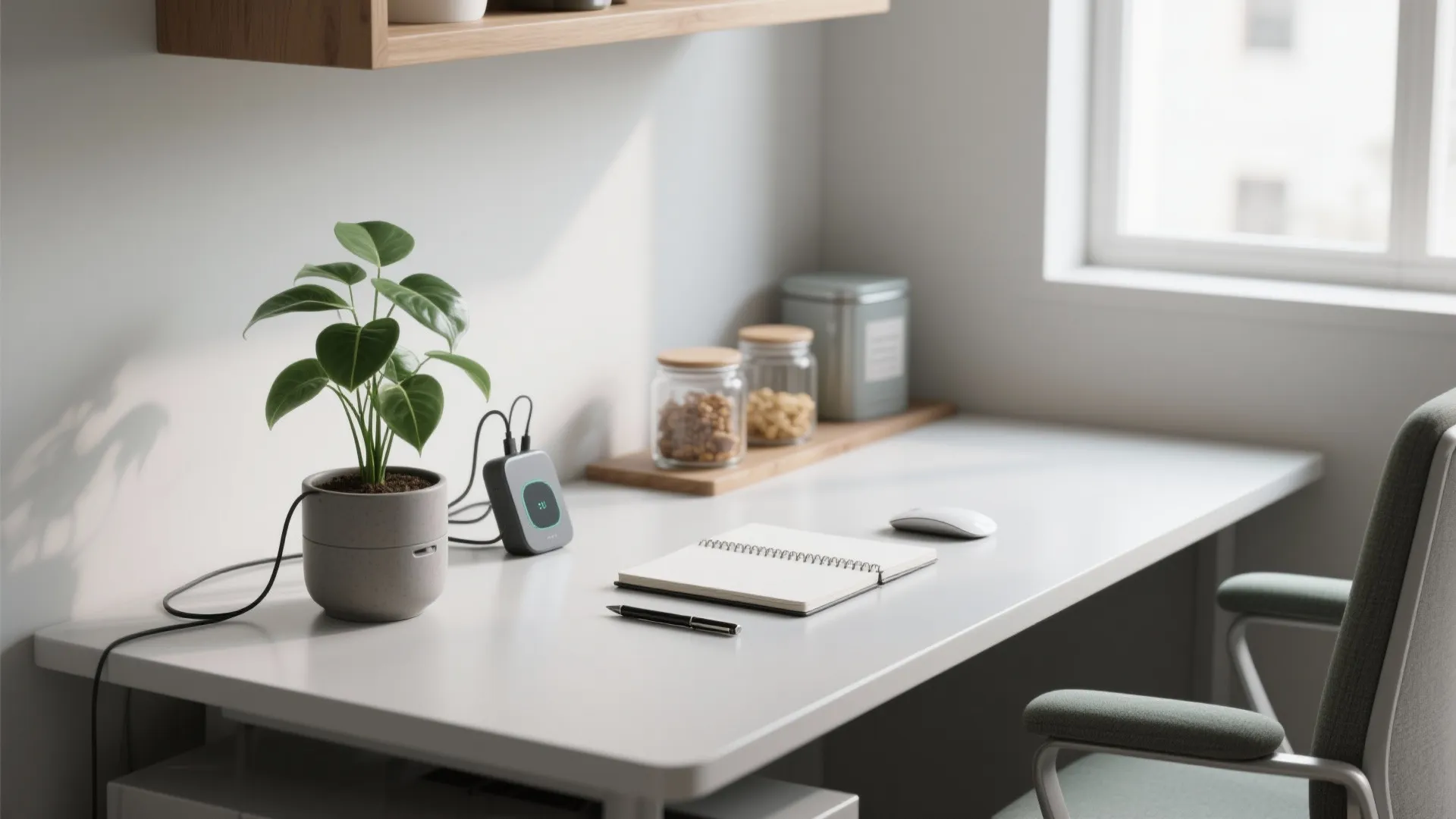 White desk by window with green plant small device open notebook pen and grey chair