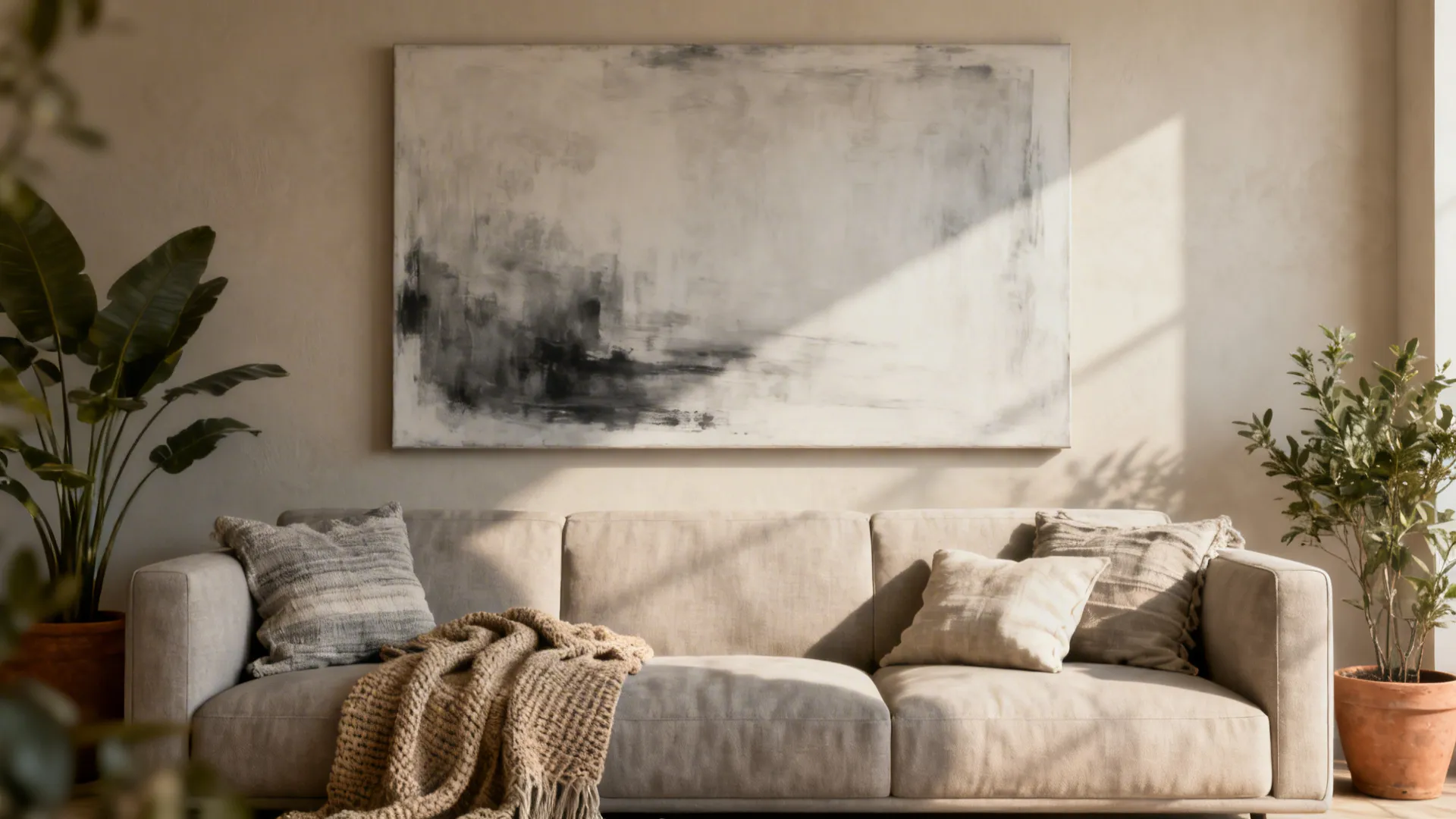 Large abstract wall painting above beige sofa with pillows and blanket in bright living room