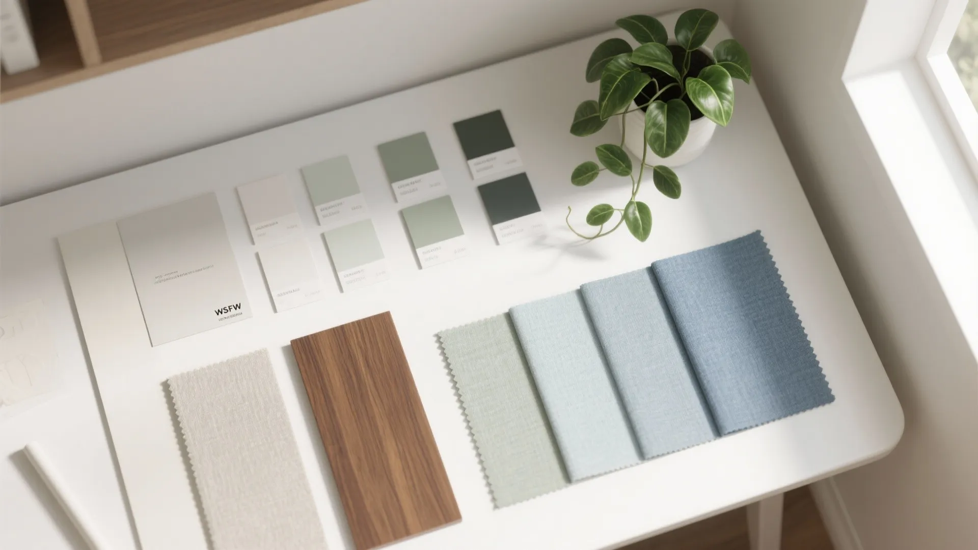 Top-down flat lay of warm white, greige, sage, dusty blue swatches with walnut wood and a plant leaf.