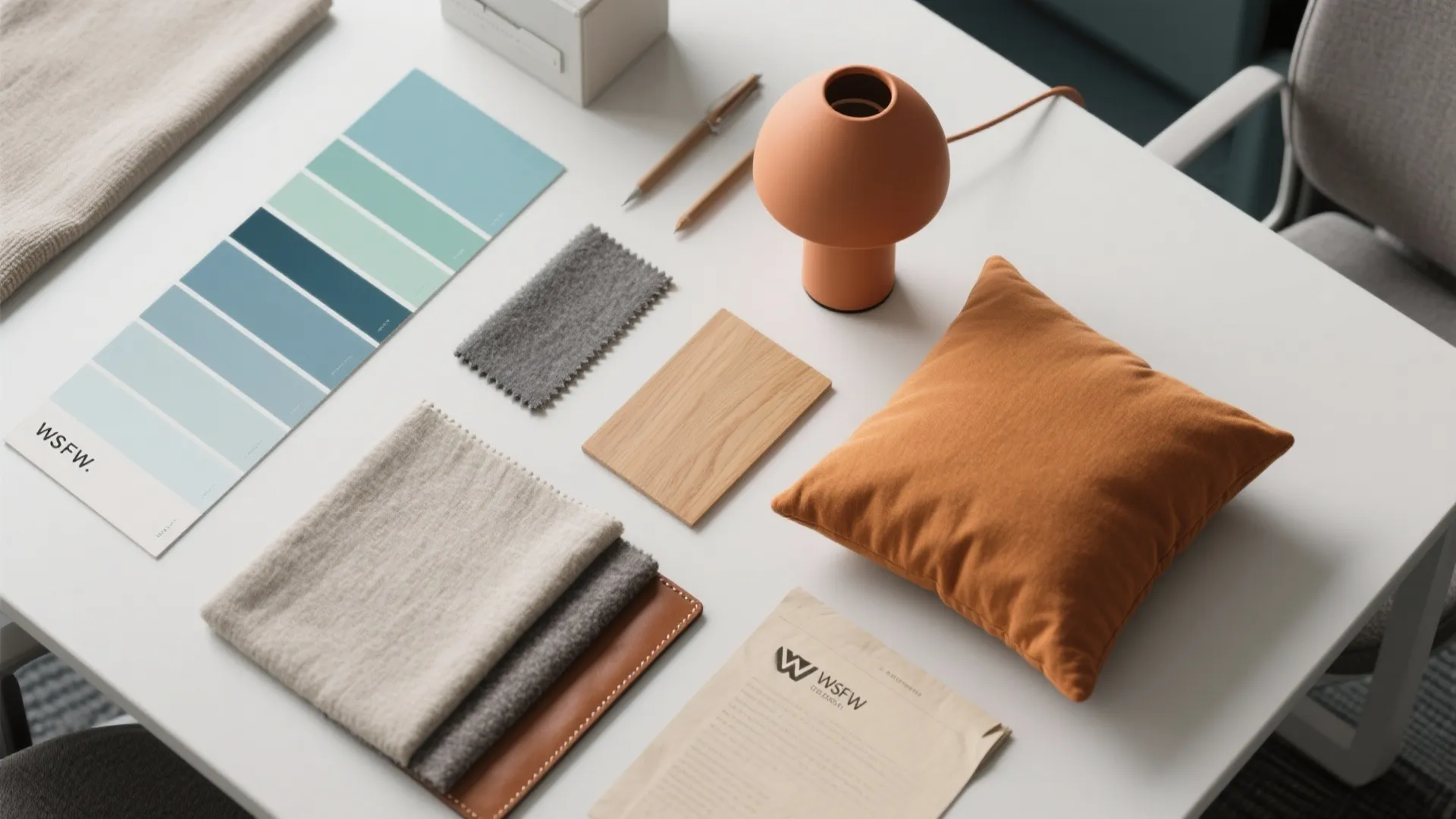 Interior design mood board with blue color palette fabric samples wooden block and orange pillow cushion