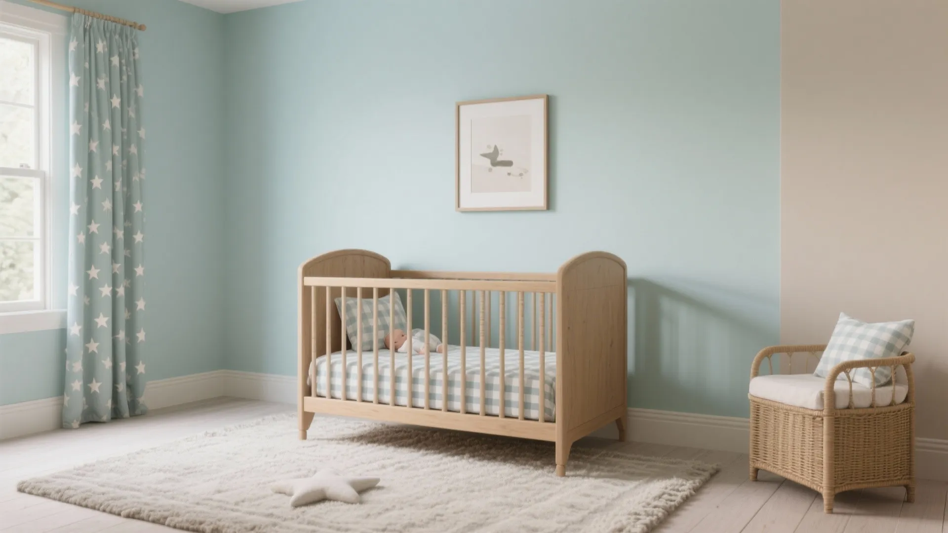 Light blue nursery with wooden baby bed star pattern curtain wicker chair and soft white rug