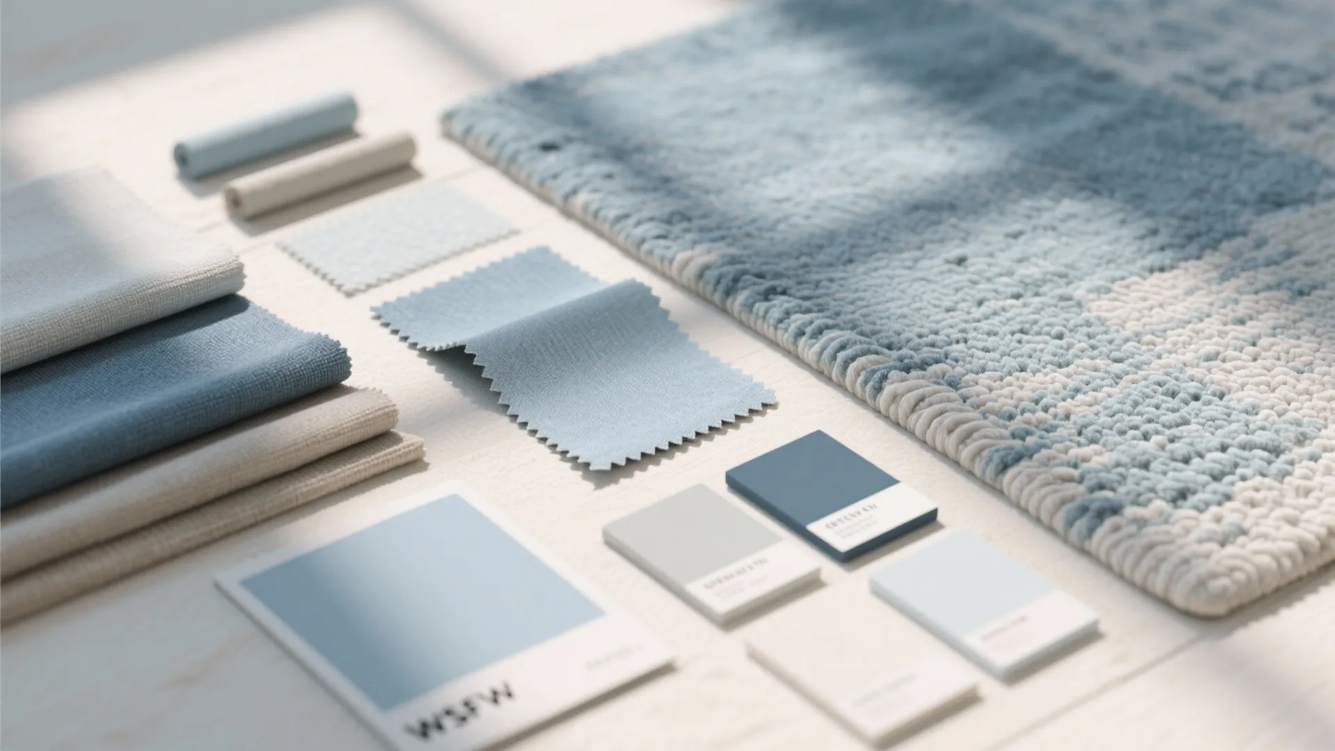 Blue fabric samples and color cards with a textured blue rug on a light wood