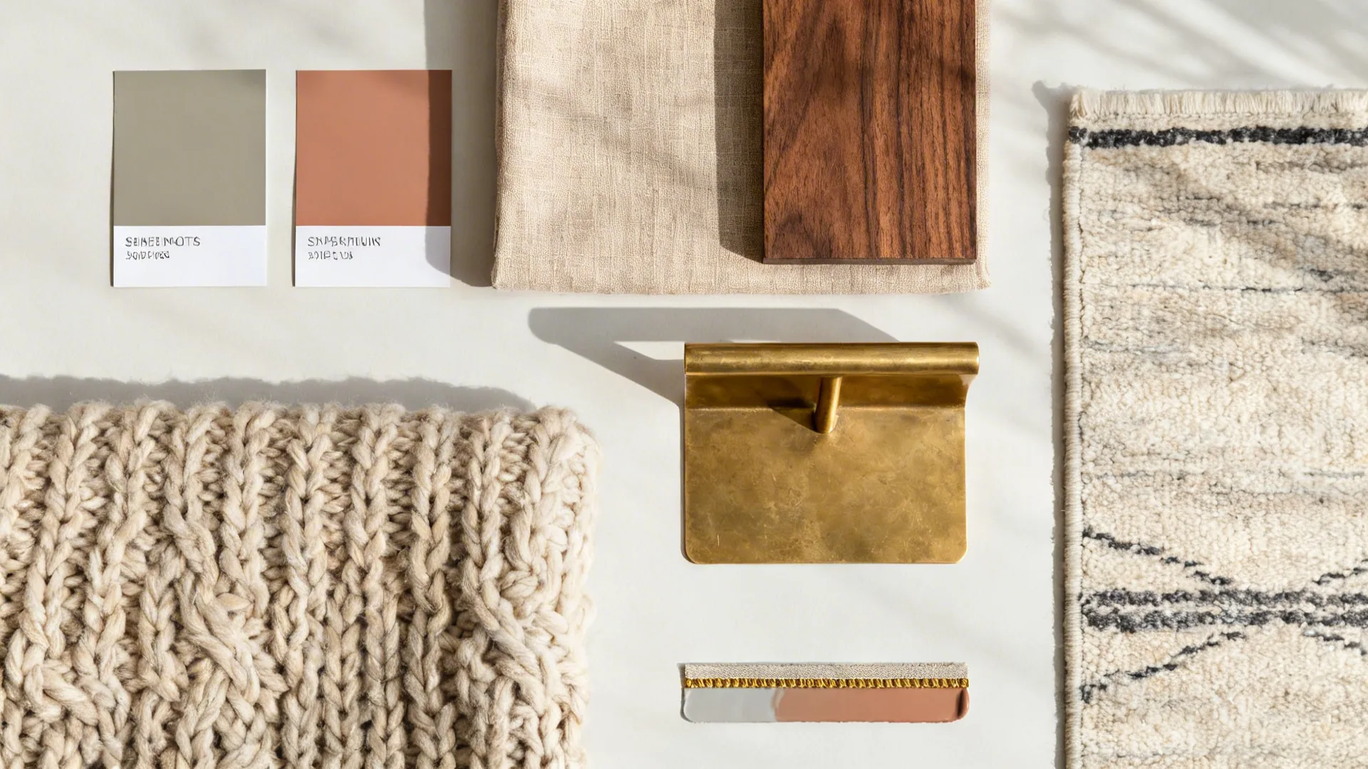 Neutral palette flat lay with greige and clay paint, linen, walnut, brass, and textured textiles.
