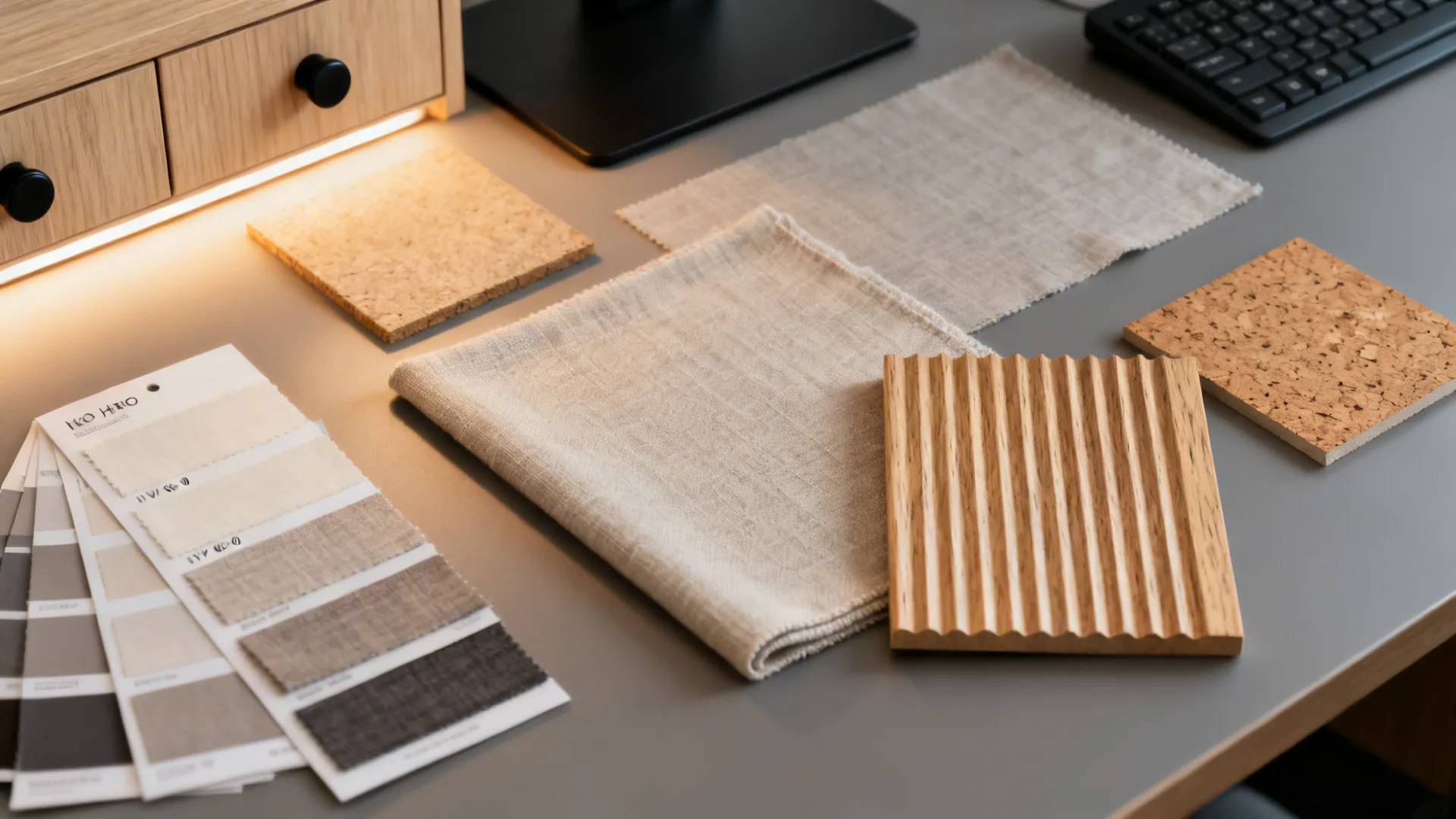 Flat lay of warm gray paint, pale oak, matte black hardware, and a fluted texture hero for a calm palette.