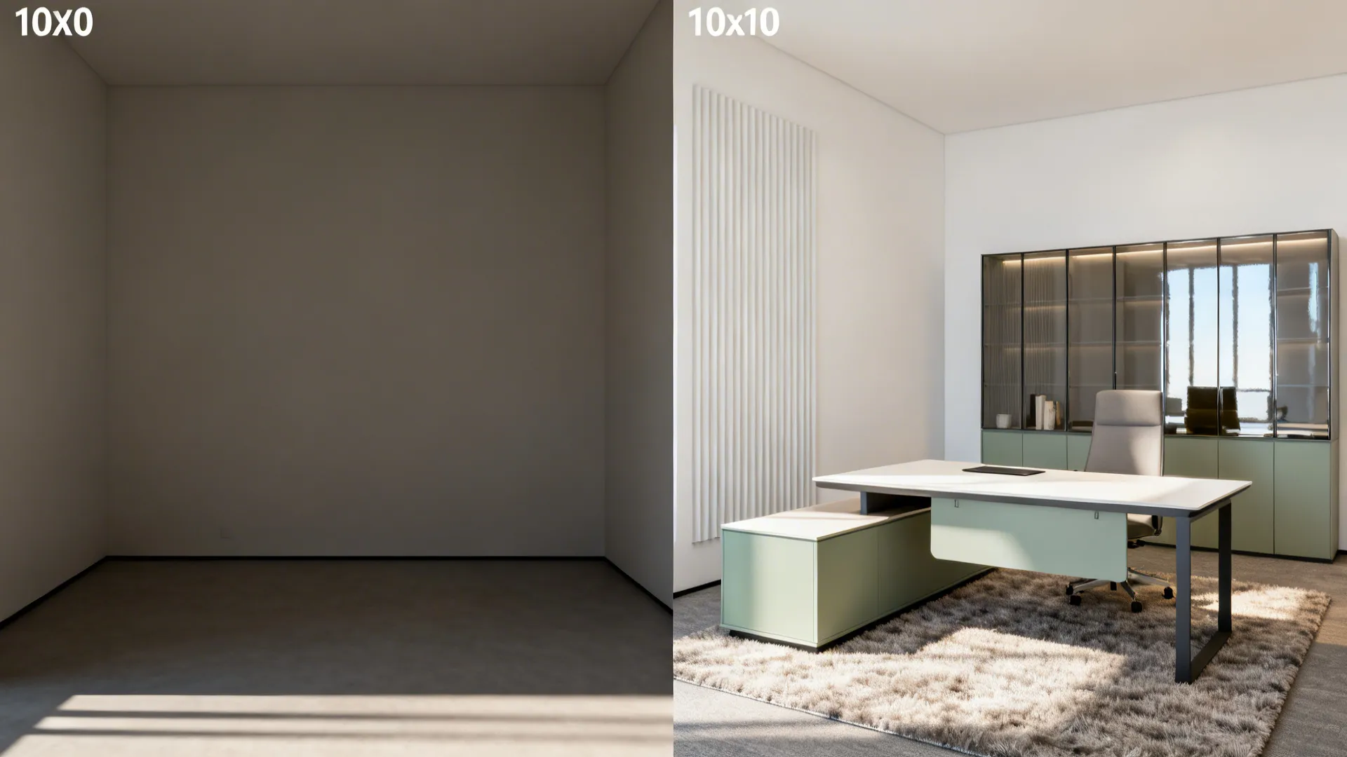 Before and after comparison of an empty dark room versus a furnished modern green office space
