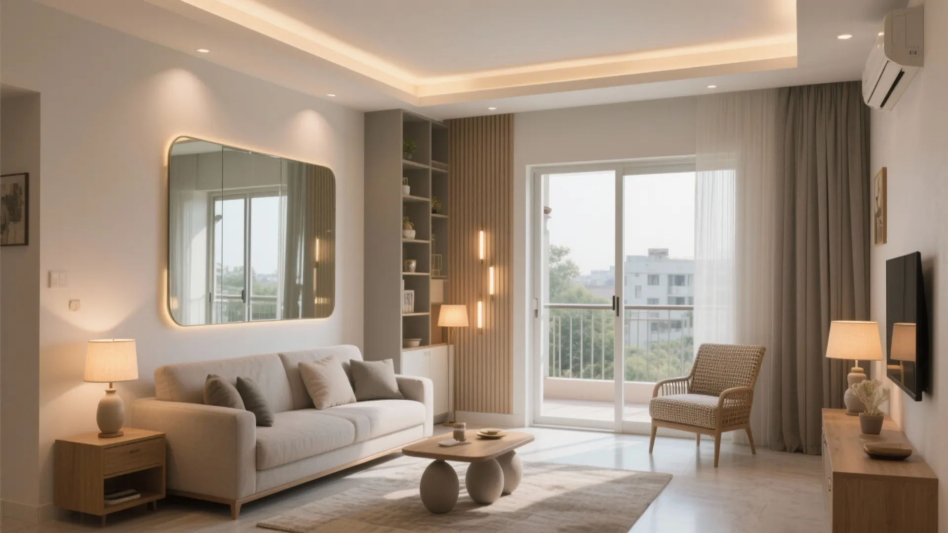 5) Calm palette, layered lighting, and vertical storage to the lintel