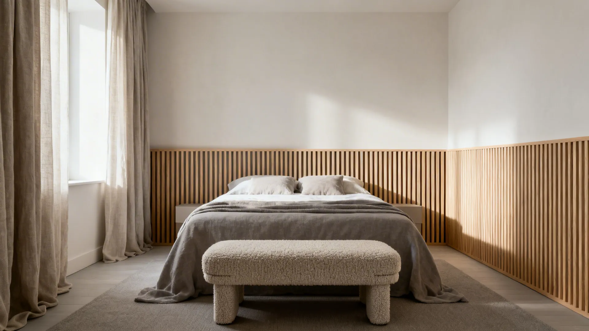 Minimalist bedroom with grey bed and beige footrest featuring wood wall panel and tall curtain