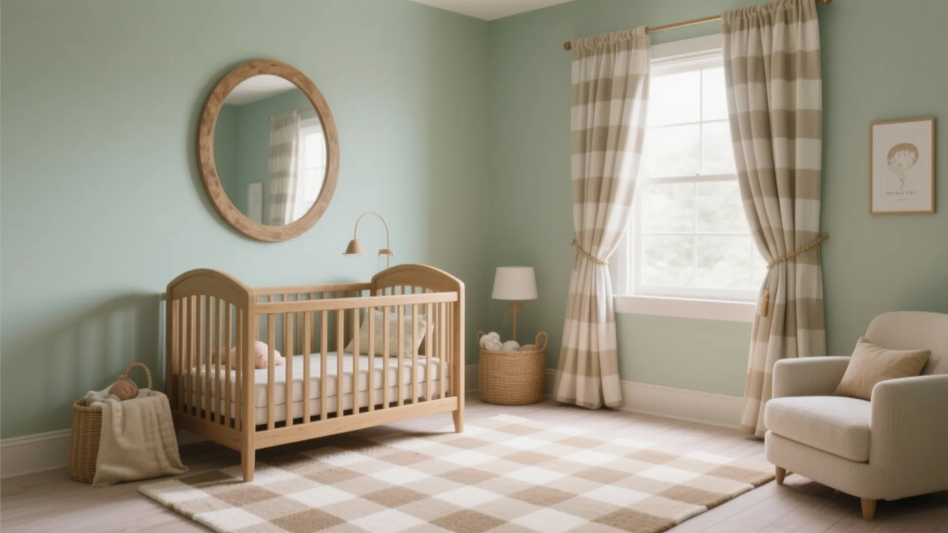 4) Calm color + texture: pale hues, large patterns, warm wood