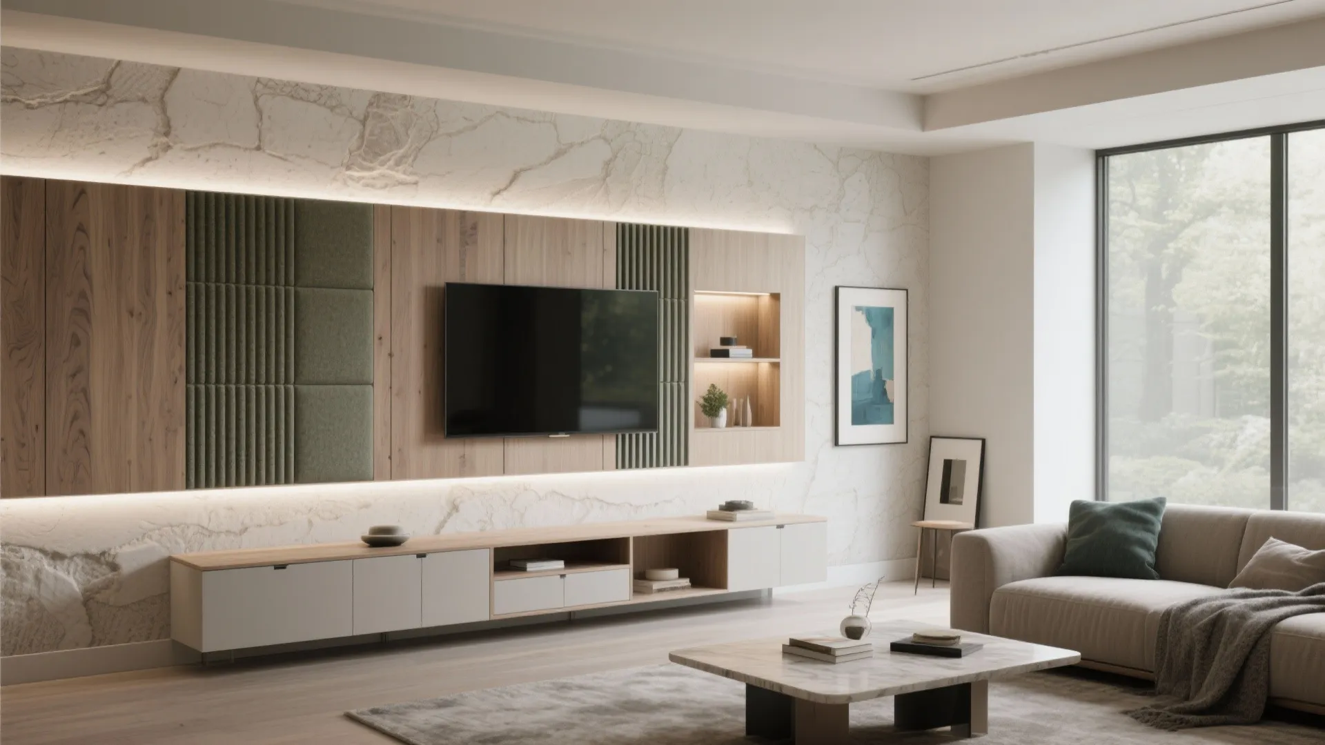 Modern living room featuring a wall mounted television on wood wall panels with hidden lights