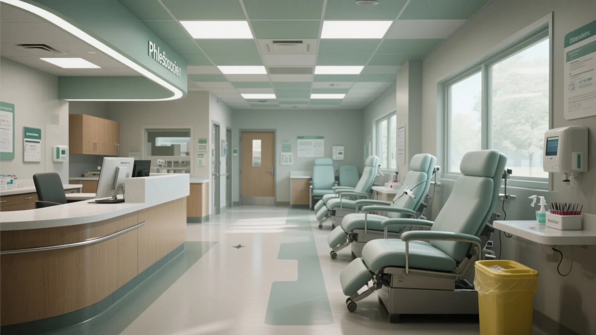 Modern medical clinic interior with light green chairs wooden reception counter white walls and ceiling lights