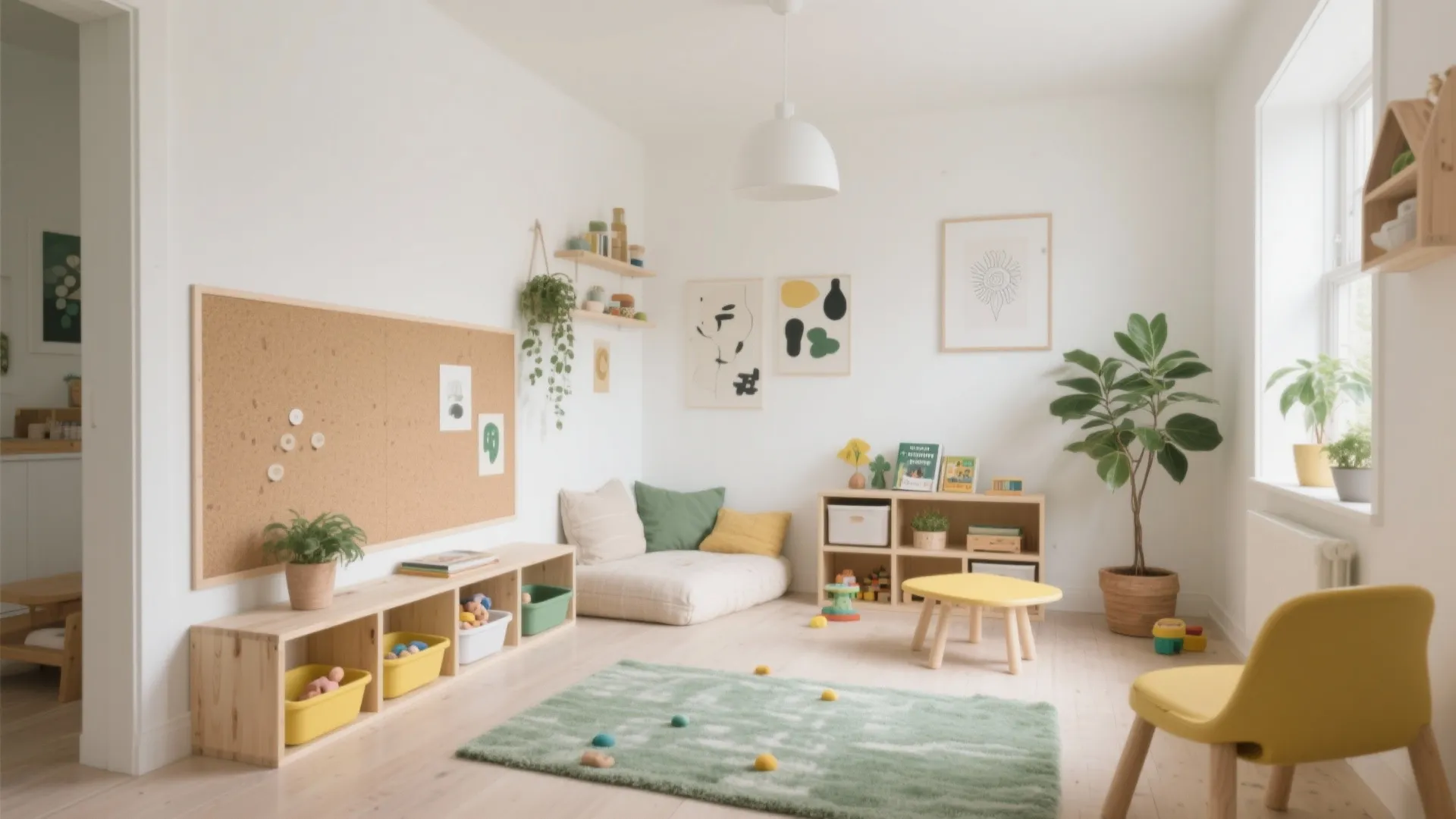 Bright playroom interior with white walls and wooden storage cabinets plus yellow and green furniture