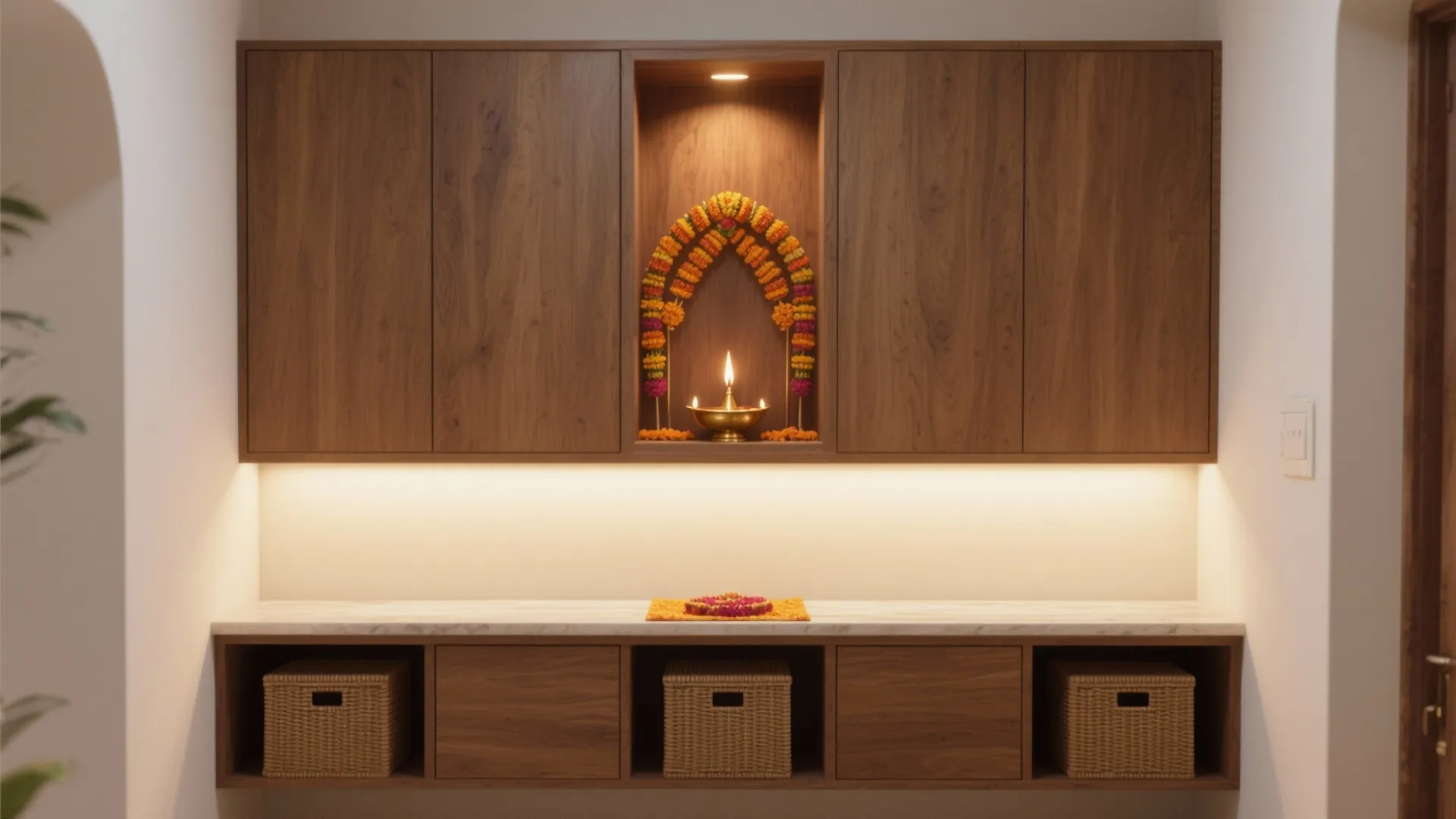 Modern wooden prayer room cabinet with flower garland small lamp marble counter and storage baskets