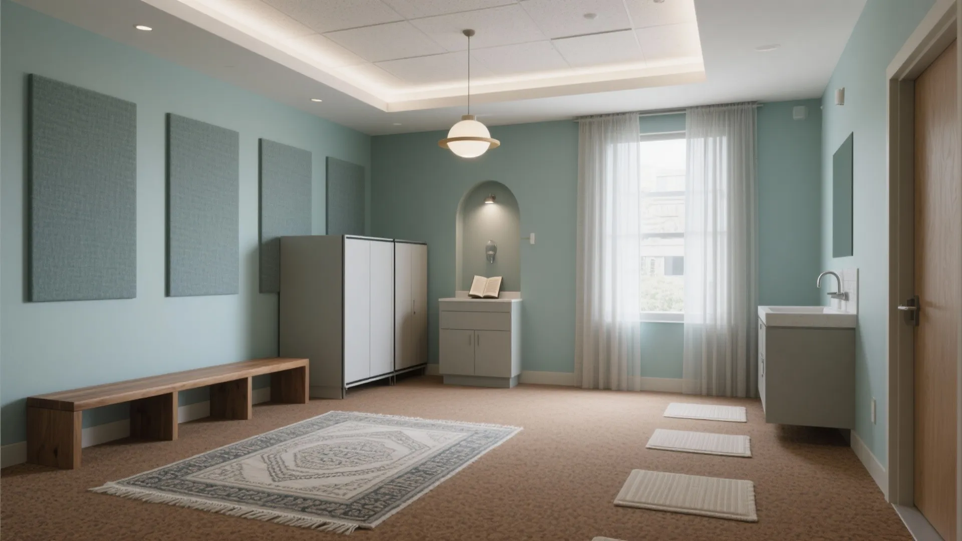 Modern prayer room with light blue walls wooden bench floor rugs cabinets and round ceiling light
