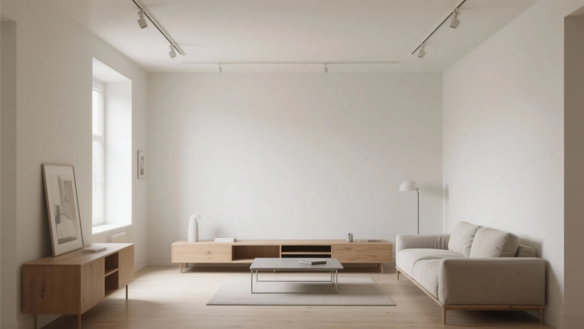 Minimalist living room featuring a cream sofa wood cabinet coffee table and white ceiling lights