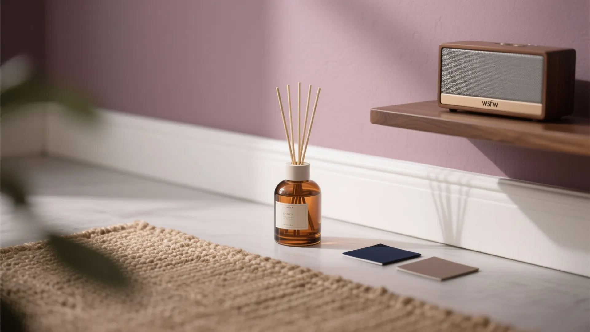 Aroma diffuser bottle with wooden sticks next to a small radio on a wall shelf