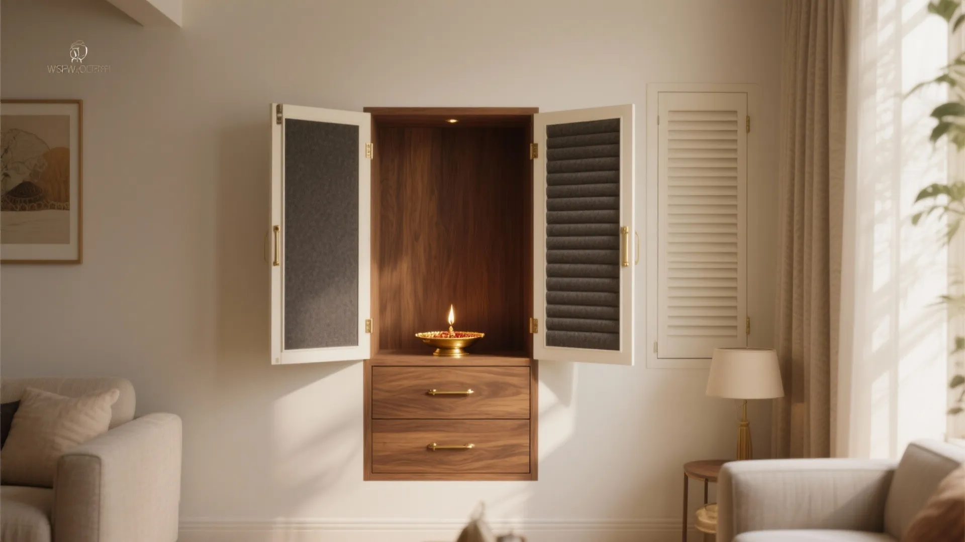 Wooden wall cabinet with open doors and drawers holding a small light in a living room