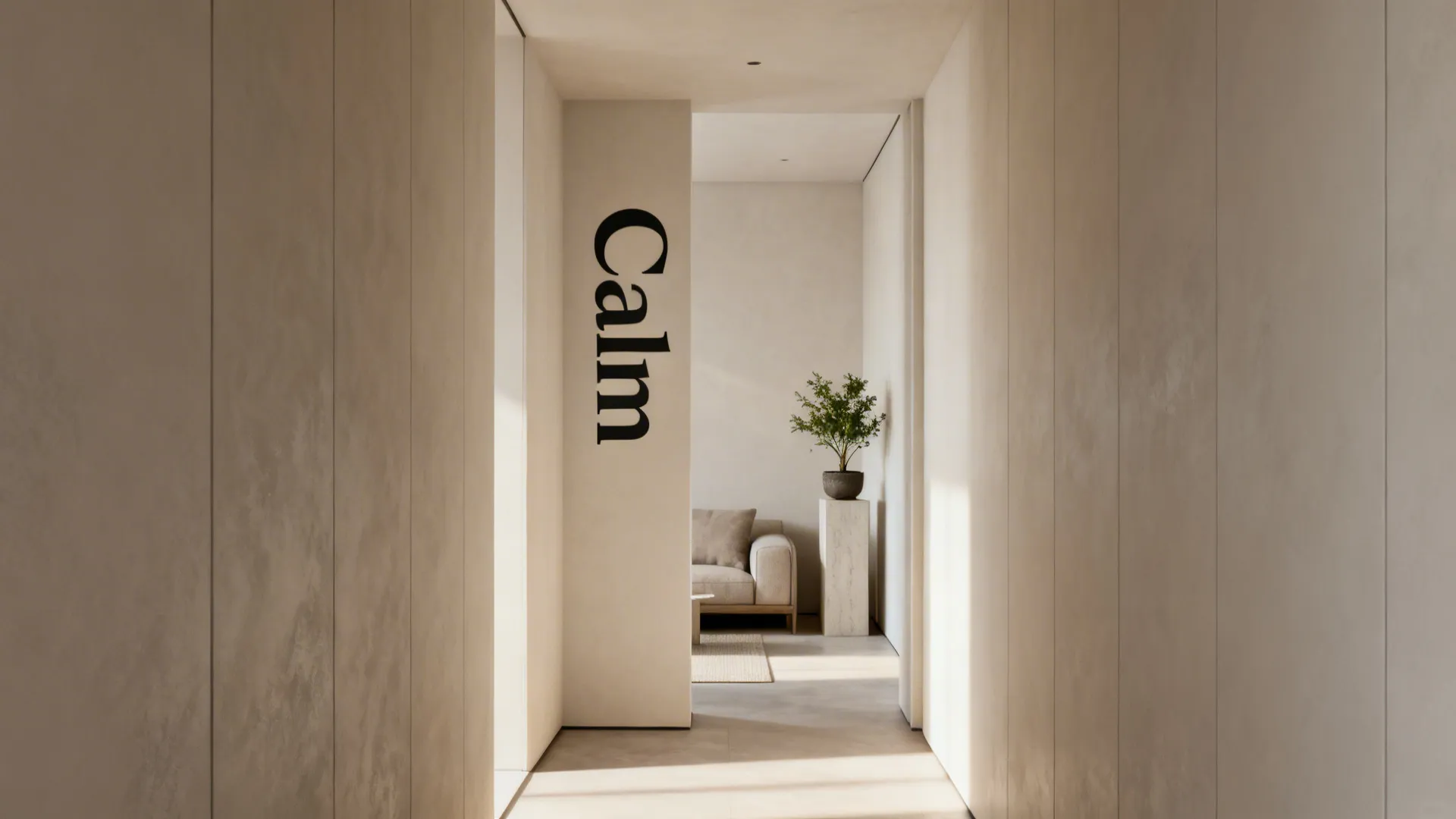 Minimalist cream hallway with word calm on wall leading to living room with sofa plant