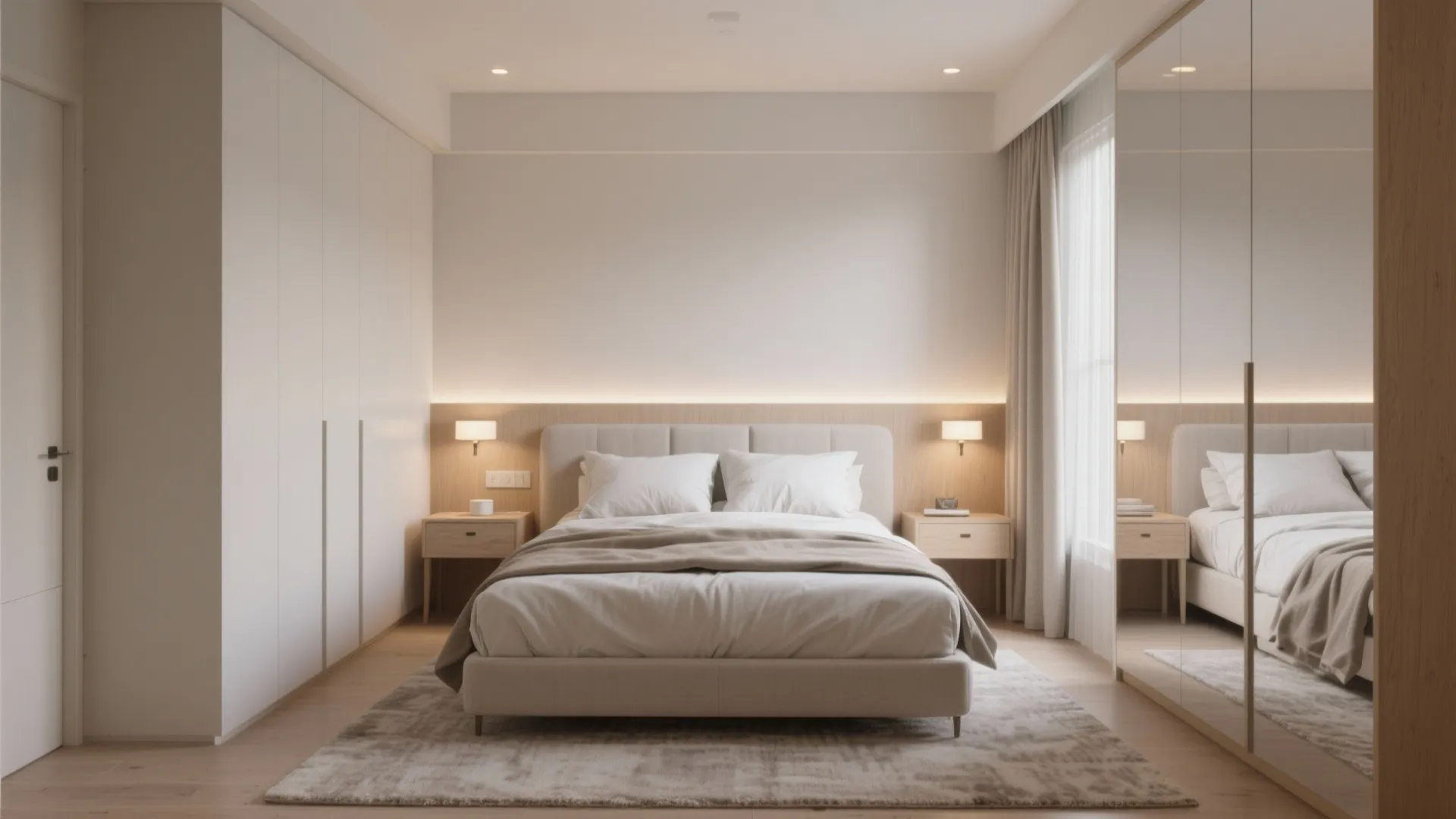 Modern minimal bedroom with beige bed white wardrobe wood bedside tables wall lights and large mirror