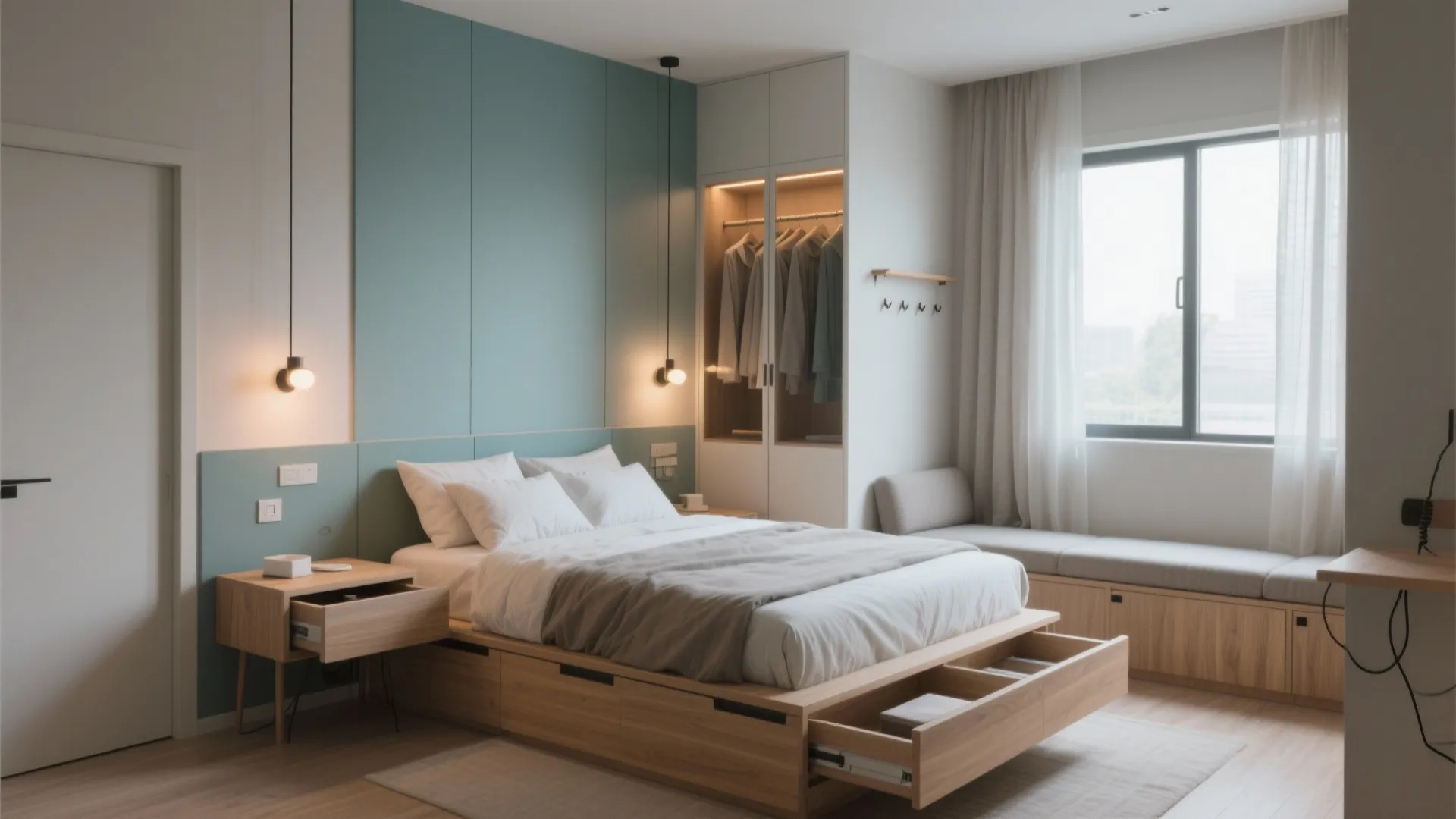 Modern bedroom featuring wooden storage bed green wall panels hanging lights and a window seat