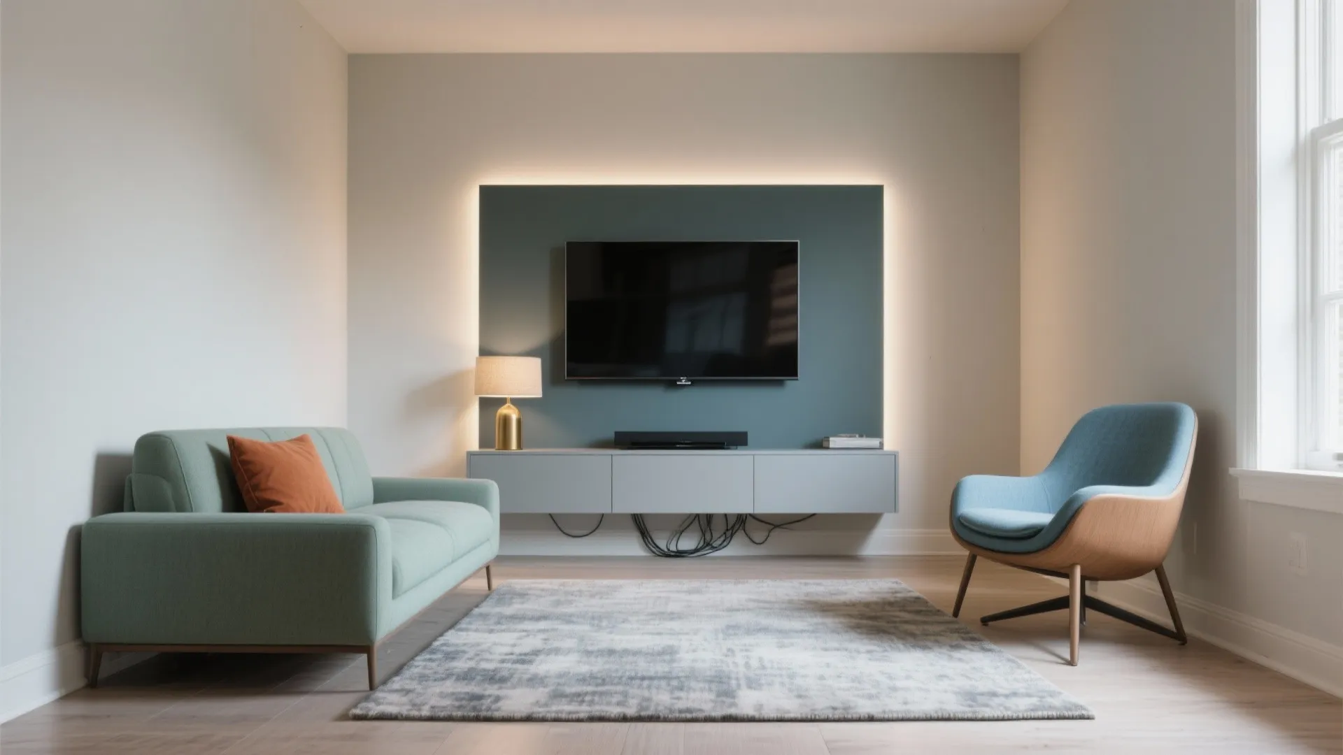 Modern small living room featuring green sofa blue armchair grey cabinet and wall mounted television