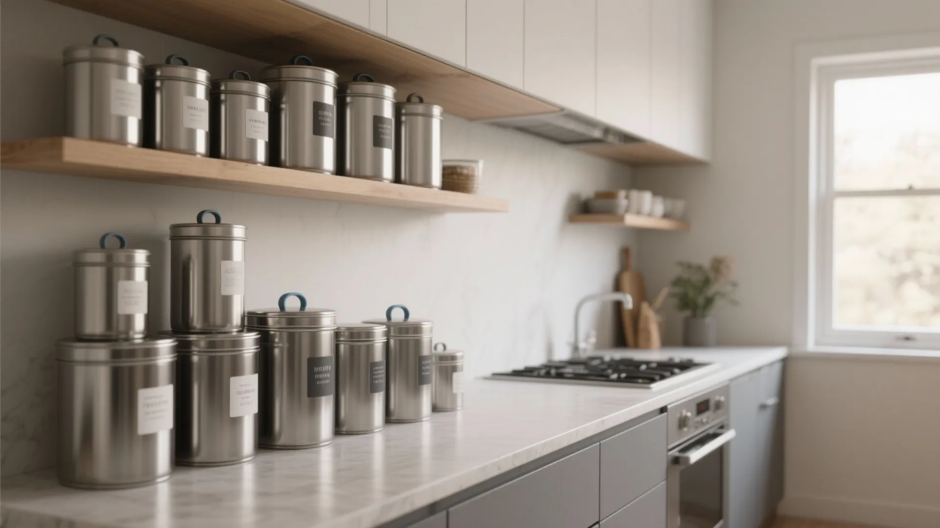 Modern kitchen with steel storage jars on marble countertop beside stove and wood wall shelves